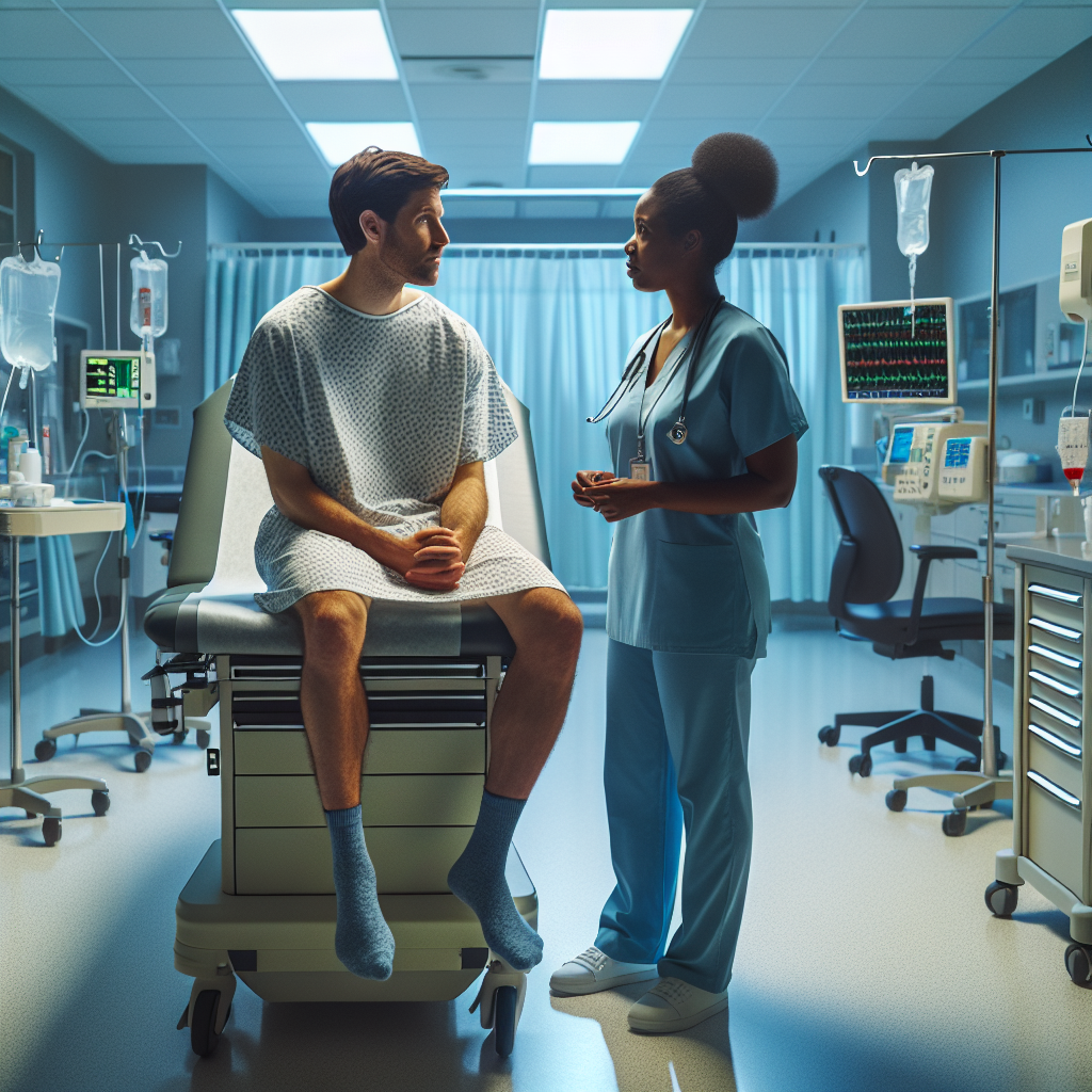 An average American patient in a hospital gown, sitting on an examination table discussing care options with a nurse, in a well-lit hospital room with medical equipment in the background, Canon R5, 35mm f/1.8, bright fluorescent lighting creating a clinical yet approachable atmosphere. A hyper-realistic, lifelike photograph, ultra-detailed, National Geographic quality, cinematic, 8K resolution, realistic colors, natural lighting, no fantasy, no digital art, no political or religious symbolism, average American family or person only, --ar 16:9.