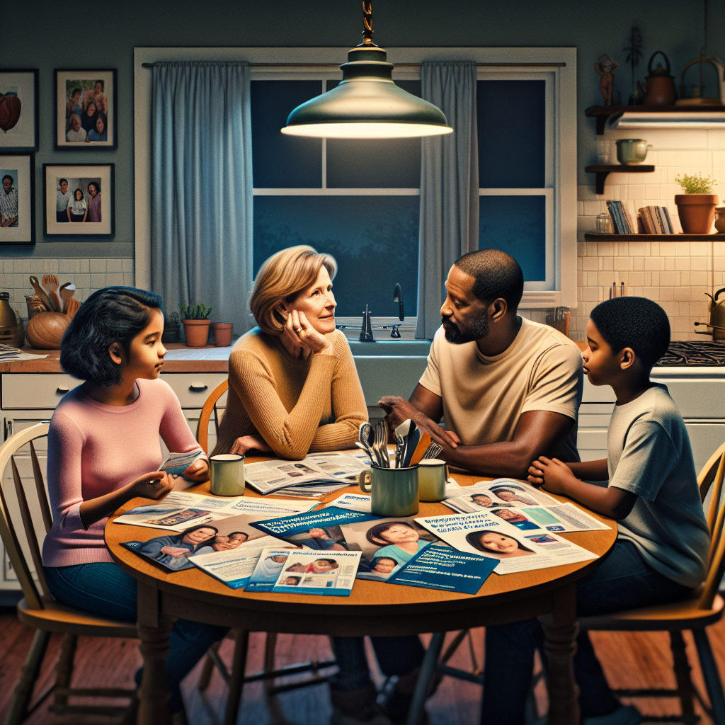 An average American family discussing healthcare options, sitting around a kitchen table with brochures for outpatient and inpatient clinics spread out, a cozy home kitchen with family photographs on the walls, Canon R5, 35mm f/1.8, warm evening light from a pendant lamp, creating an engaging and informative atmosphere. A hyper-realistic, lifelike photograph, ultra-detailed, National Geographic quality, cinematic, 8K resolution, realistic colors, natural lighting, no fantasy, no digital art, no political or religious symbolism, average American family or person only, --ar 16:9.