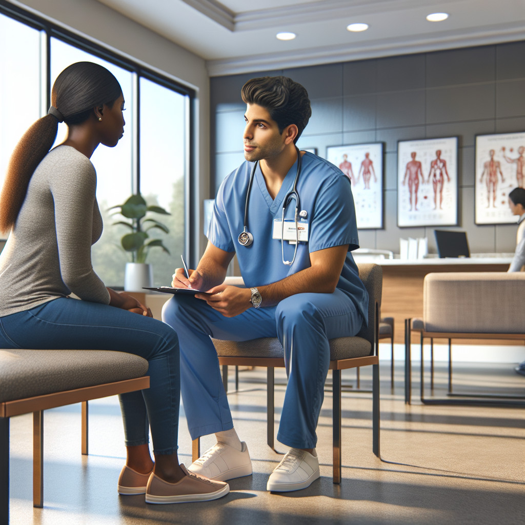 An average American nurse in scrubs, attentively interacting with a patient at a modern outpatient clinic, equipped with medical charts and an inviting waiting area with comfortable seating in the background, Nikon Z9, 35mm f/1.8, bright and clean interior lighting, conveying a professional yet caring atmosphere. A hyper-realistic, lifelike photograph, ultra-detailed, National Geographic quality, cinematic, 8K resolution, realistic colors, natural lighting, no fantasy, no digital art, no political or religious symbolism, average American family or person only, --ar 16:9.