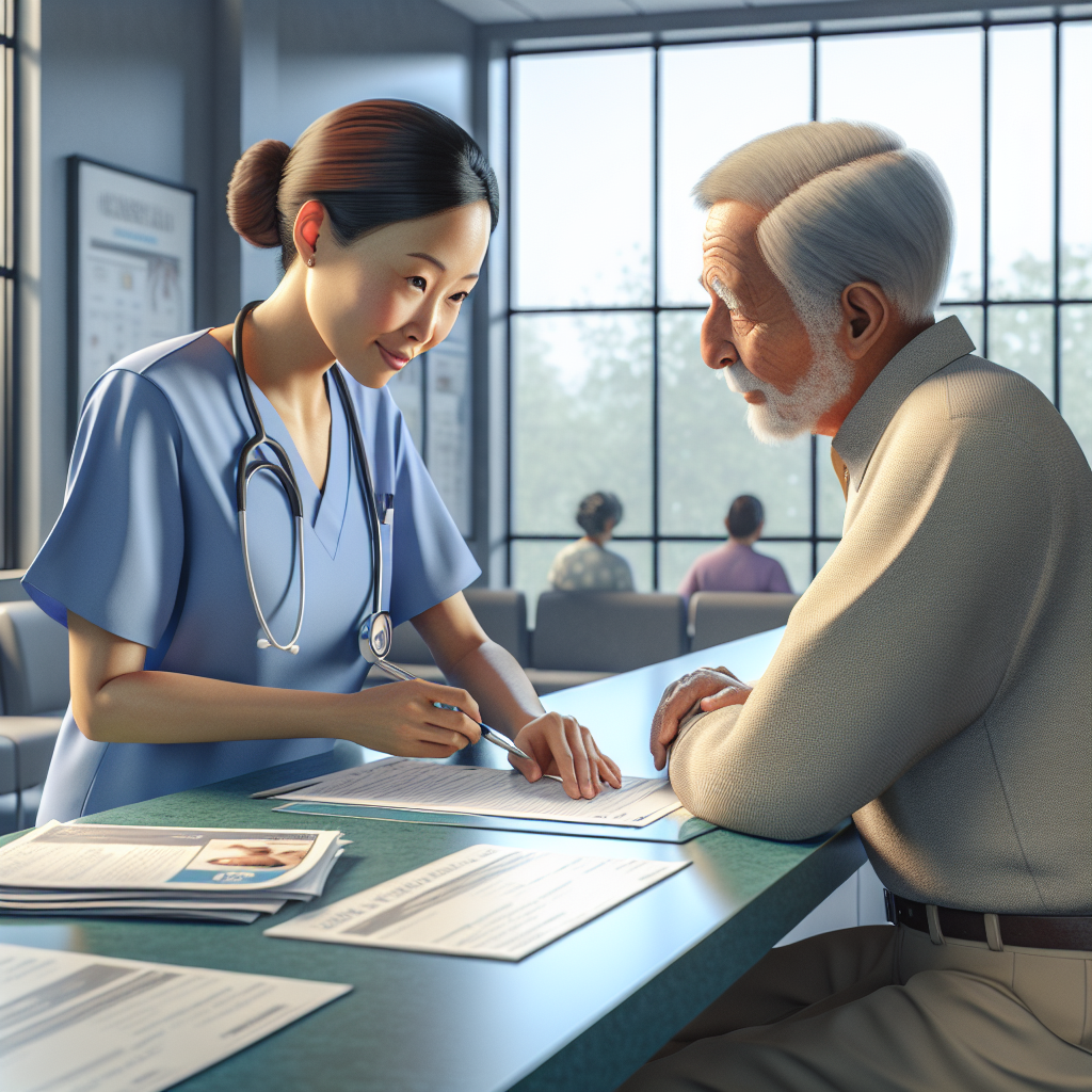 An average American healthcare worker in scrubs, attentively assisting a patient with their paperwork at the front desk of an outpatient clinic, a modern waiting area in the background filled with comfortable seating and informational brochures, Canon R5, 35mm f/1.8, soft morning light filtering through large windows, creating a friendly and welcoming atmosphere. A hyper-realistic, lifelike photograph, ultra-detailed, National Geographic quality, cinematic, 8K resolution, realistic colors, natural lighting, no fantasy, no digital art, no political or religious symbolism, average American family or person only, --ar 16:9.