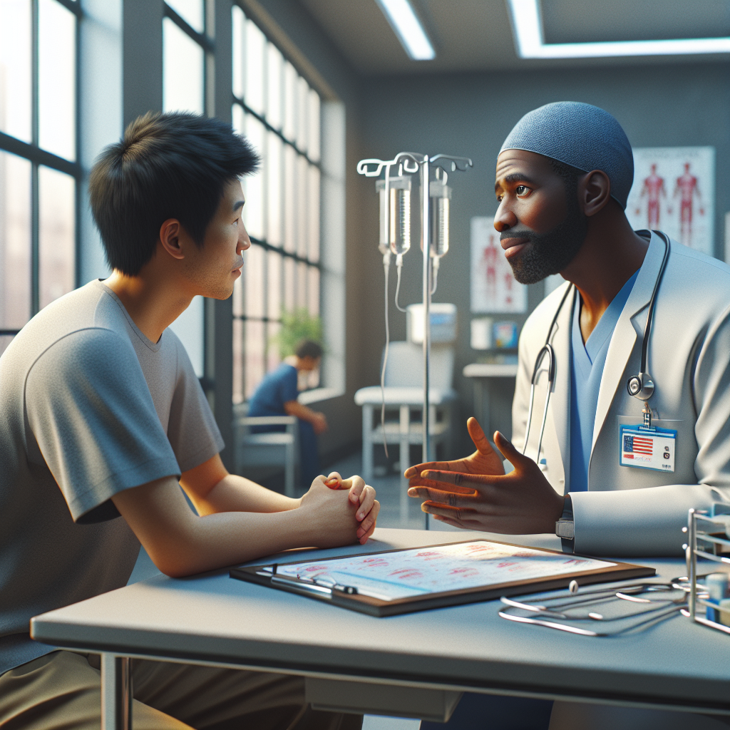 An average American doctor in scrubs, attentively discussing treatment plans with a patient in an outpatient clinic, surrounded by medical equipment and charts, the waiting area visible in the background, Nikon Z9, 85mm f/1.4, soft morning light coming through the windows, creating a calm and professional atmosphere. A hyper-realistic, lifelike photograph, ultra-detailed, National Geographic quality, cinematic, 8K resolution, realistic colors, natural lighting, no fantasy, no digital art, no political or religious symbolism, average American family or person only, --ar 16:9.