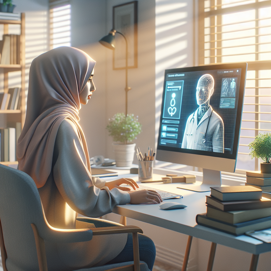An average American person, sitting at a home office desk, engaging with a computer screen displaying a virtual AI doctor interface, surrounded by health-related books and a potted plant, soft morning light filtering through a nearby window, creating an innovative and hopeful atmosphere. A hyper-realistic, lifelike photograph, ultra-detailed, National Geographic quality, cinematic, 8K resolution, realistic colors, natural lighting, no fantasy, no digital art, no political or religious symbolism, average American family or person only, --ar 16:9.