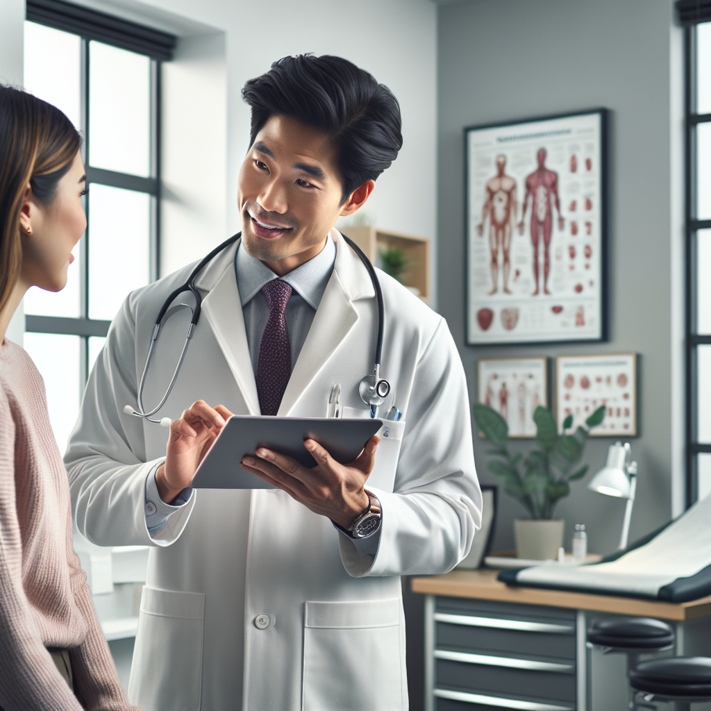 An average American doctor in a white coat, engaged in a conversation with a patient using a tablet, in a modern doctor's office with medical posters and equipment in the background, Canon R5, 35mm f/1.4, bright and inviting artificial lighting, capturing a professional and reassuring atmosphere. A hyper-realistic, lifelike photograph, ultra-detailed, National Geographic quality, cinematic, 8K resolution, realistic colors, natural lighting, no fantasy, no digital art, no political or religious symbolism, average American family or person only, --ar 16:9.