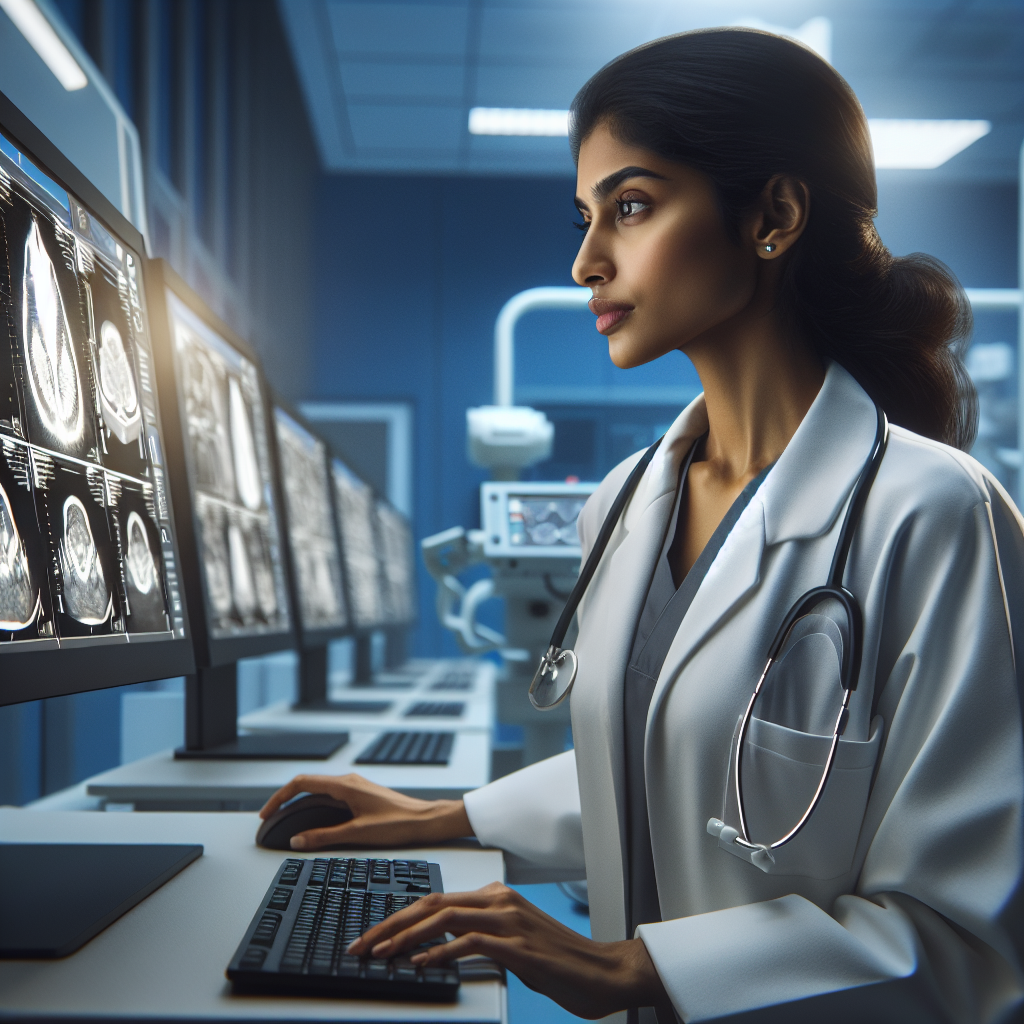 An average American doctor in a white coat, intently analyzing medical images on a computer screen, in a modern hospital office equipped with state-of-the-art medical technology, Canon R5, 24-70mm f/2.8, bright clinical lighting creating a focused and professional atmosphere, emphasizing innovation in healthcare. A hyper-realistic, lifelike photograph, ultra-detailed, National Geographic quality, cinematic, 8K resolution, realistic colors, natural lighting, no fantasy, no digital art, no political or religious symbolism, average American family or person only, --ar 16:9.
