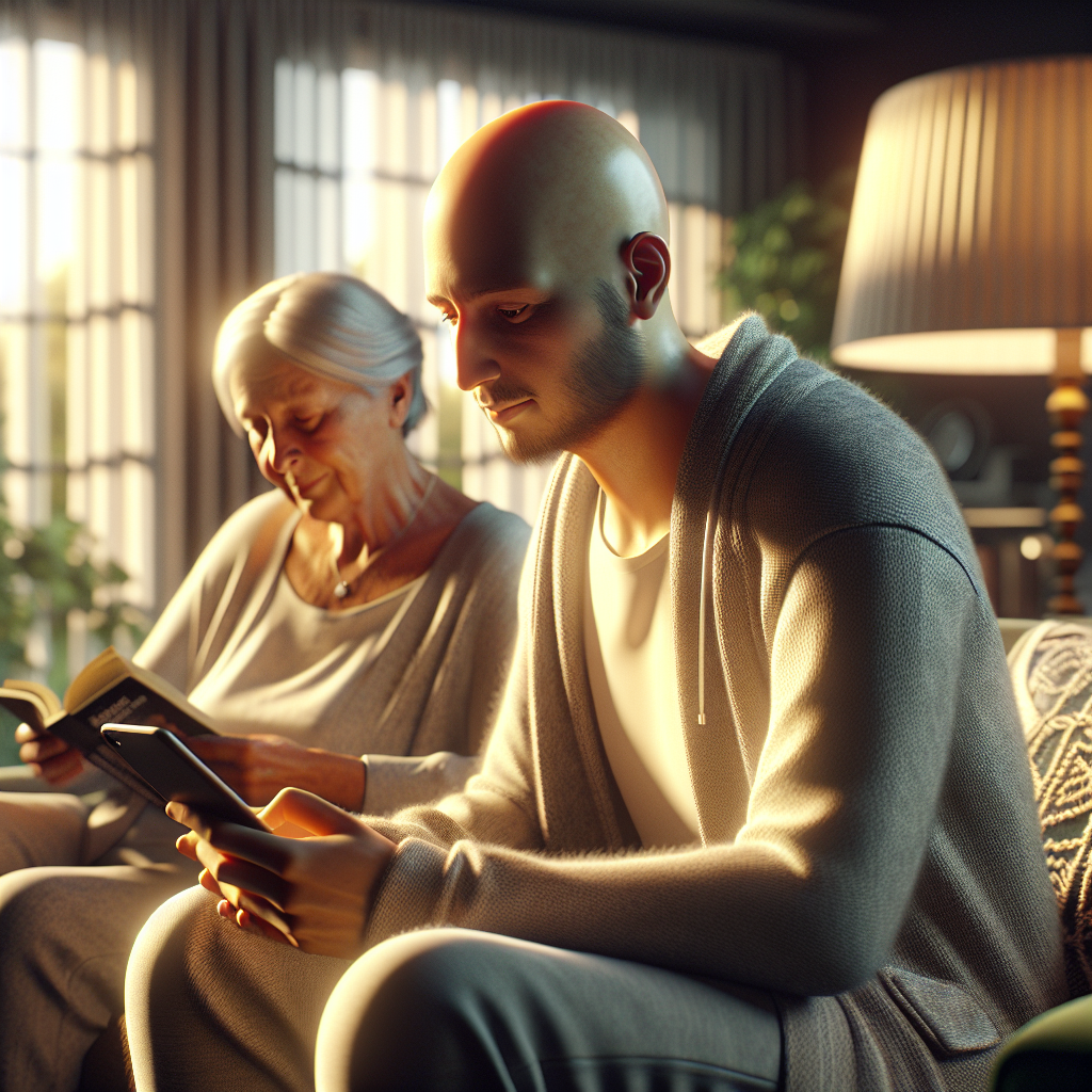 An average American cancer patient, wearing comfortable clothing, using a smartphone to access a health app while sitting in a cozy living room, a supportive family member nearby reading a book, soft afternoon light filtering through the curtains, creating a hopeful and relaxed atmosphere. A hyper-realistic, lifelike photograph, ultra-detailed, National Geographic quality, cinematic, 8K resolution, realistic colors, natural lighting, no fantasy, no digital art, no political or religious symbolism, average American family or person only, --ar 16:9.