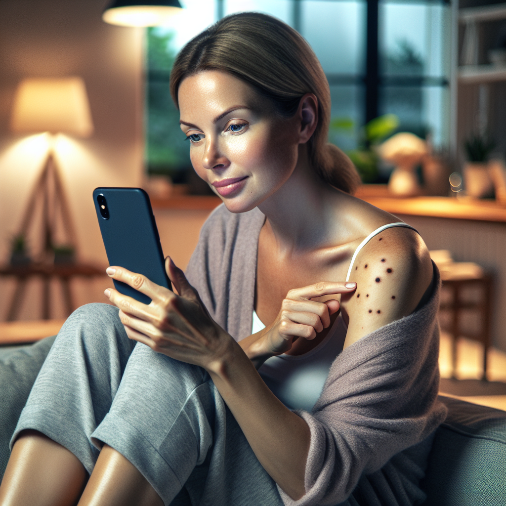 An average American woman in her 30s, sitting comfortably on her living room couch, using a smartphone app to track her skin health by taking pictures of moles and entering notes about any changes, a cozy home environment with soft furnishings and plants in the background, Canon R5, 35mm f/1.8, bright indoor lighting from a nearby lamp, creating a calm and focused atmosphere. A hyper-realistic, lifelike photograph, ultra-detailed, National Geographic quality, cinematic, 8K resolution, realistic colors, natural lighting, no fantasy, no digital art, no political or religious symbolism, average American family or person only, --ar 16:9.