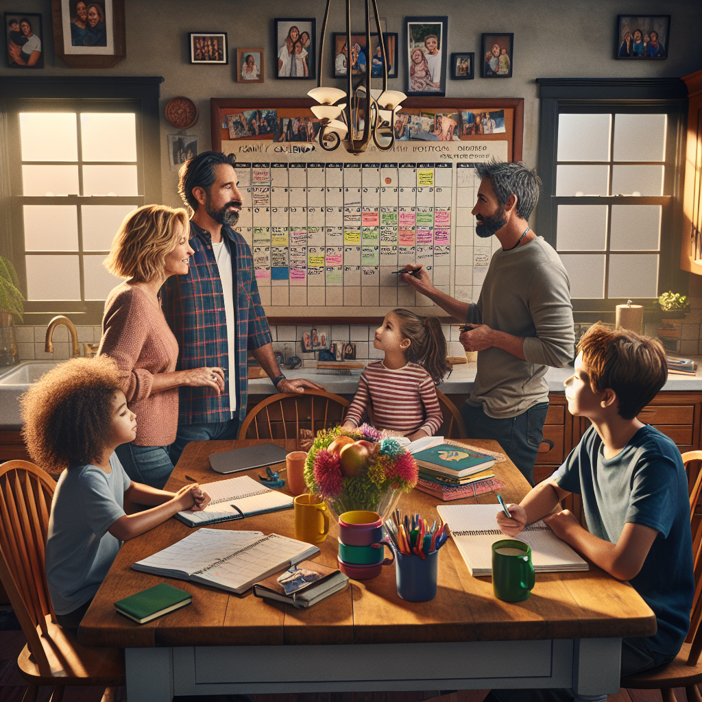 An average American family of four, casually dressed, gathered around a large family calendar hanging on the wall, discussing their schedules and appointments while surrounded by colorful organizational tools and planners on a wooden kitchen table, bright and cozy kitchen in the background with family photos displayed, Canon R5, 35mm f/1.8, soft morning light streaming through the window, creating a cheerful and productive atmosphere. A hyper-realistic, lifelike photograph, ultra-detailed, National Geographic quality, cinematic, 8K resolution, realistic colors, natural lighting, no fantasy, no digital art, no political or religious symbolism, average American family or person only, --ar 16:9.