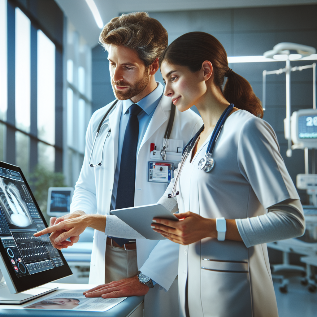 An average American doctor in a white coat, reviewing patient data on a tablet while discussing treatment plans with a nurse in a modern clinic, the background featuring medical equipment and informative posters, Canon R5, 35mm f/1.4, bright indoor lighting creating a professional atmosphere, capturing a moment of collaboration and innovation in healthcare. A hyper-realistic, lifelike photograph, ultra-detailed, National Geographic quality, cinematic, 8K resolution, realistic colors, natural lighting, no fantasy, no digital art, no political or religious symbolism, average American family or person only, --ar 16:9.