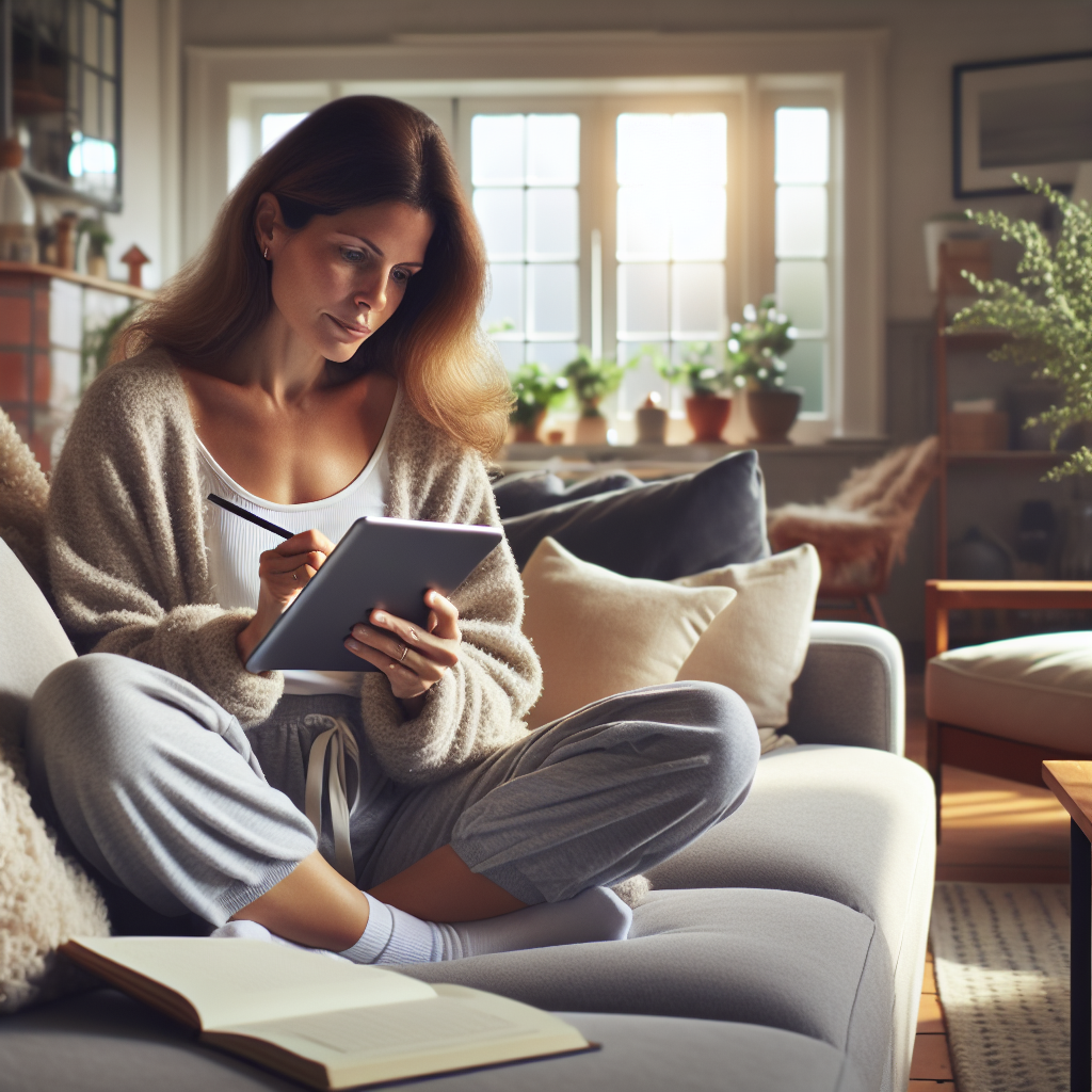 An average American woman, in comfortable loungewear, sitting on a cozy couch using a tablet to navigate a medical records app while taking notes, a well-lit living room in the background with plants and soft furnishings, Canon R5, 35mm f/1.4, bright natural light coming from a nearby window, creating a calm and focused atmosphere. A hyper-realistic, lifelike photograph, ultra-detailed, National Geographic quality, cinematic, 8K resolution, realistic colors, natural lighting, no fantasy, no digital art, no political or religious symbolism, average American family or person only, --ar 16:9.