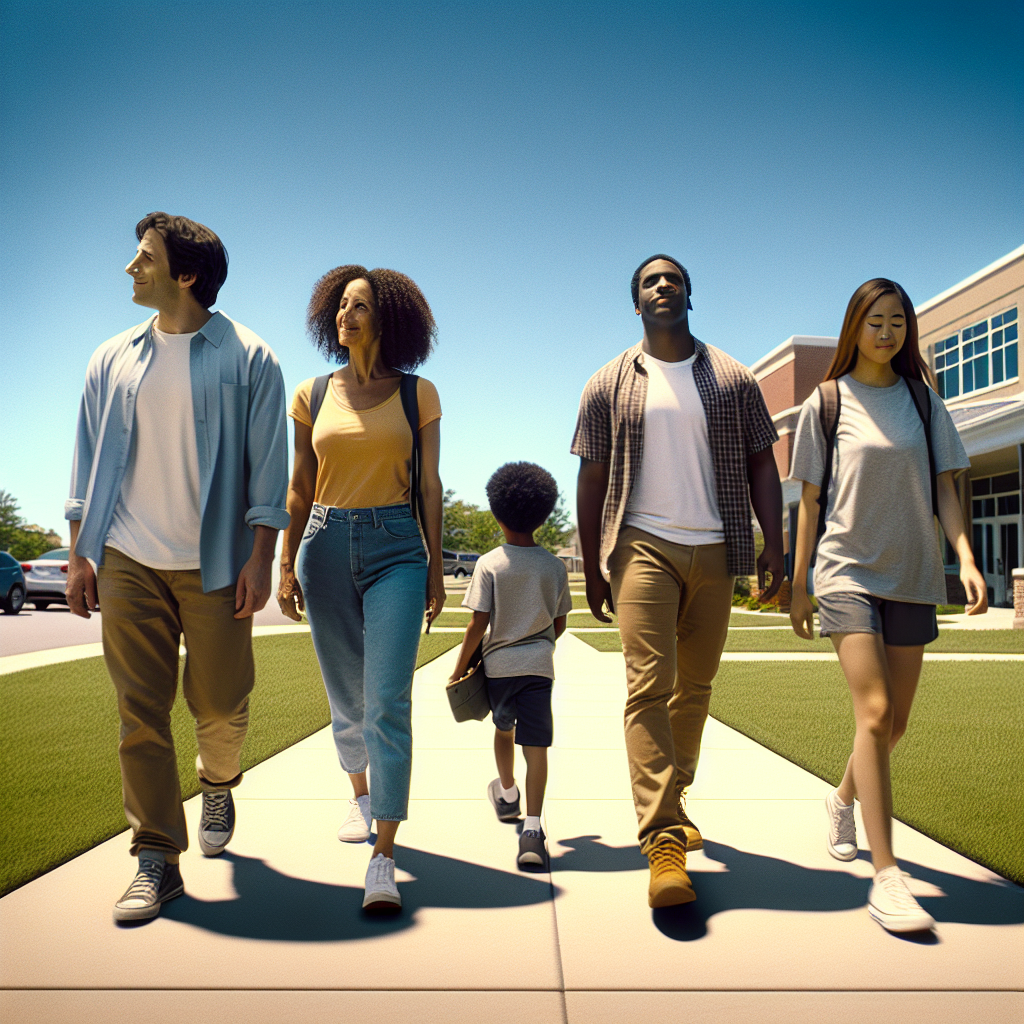 An average American family, casually dressed, walking together towards a local medical center for a routine check-up, surrounded by neatly manicured lawns and a clear blue sky, Canon R5, 24mm f/2.8, bright daylight enhancing the welcoming atmosphere of the setting. A hyper-realistic, lifelike photograph, ultra-detailed, National Geographic quality, cinematic, 8K resolution, realistic colors, natural lighting, no fantasy, no digital art, no political or religious symbolism, average American family or person only, --ar 16:9.