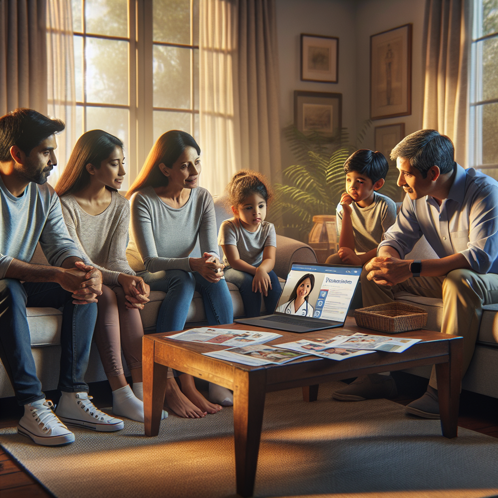 An average American family discussing their healthcare needs, seated in a cozy living room with a laptop open to a telehealth appointment, a few brochures about different clinic types on the coffee table, soft afternoon light filtering through the curtains creating a welcoming atmosphere, Canon R6, 35mm f/1.8, warm and informative mood. A hyper-realistic, lifelike photograph, ultra-detailed, National Geographic quality, cinematic, 8K resolution, realistic colors, natural lighting, no fantasy, no digital art, no political or religious symbolism, average American family or person only, --ar 16:9.