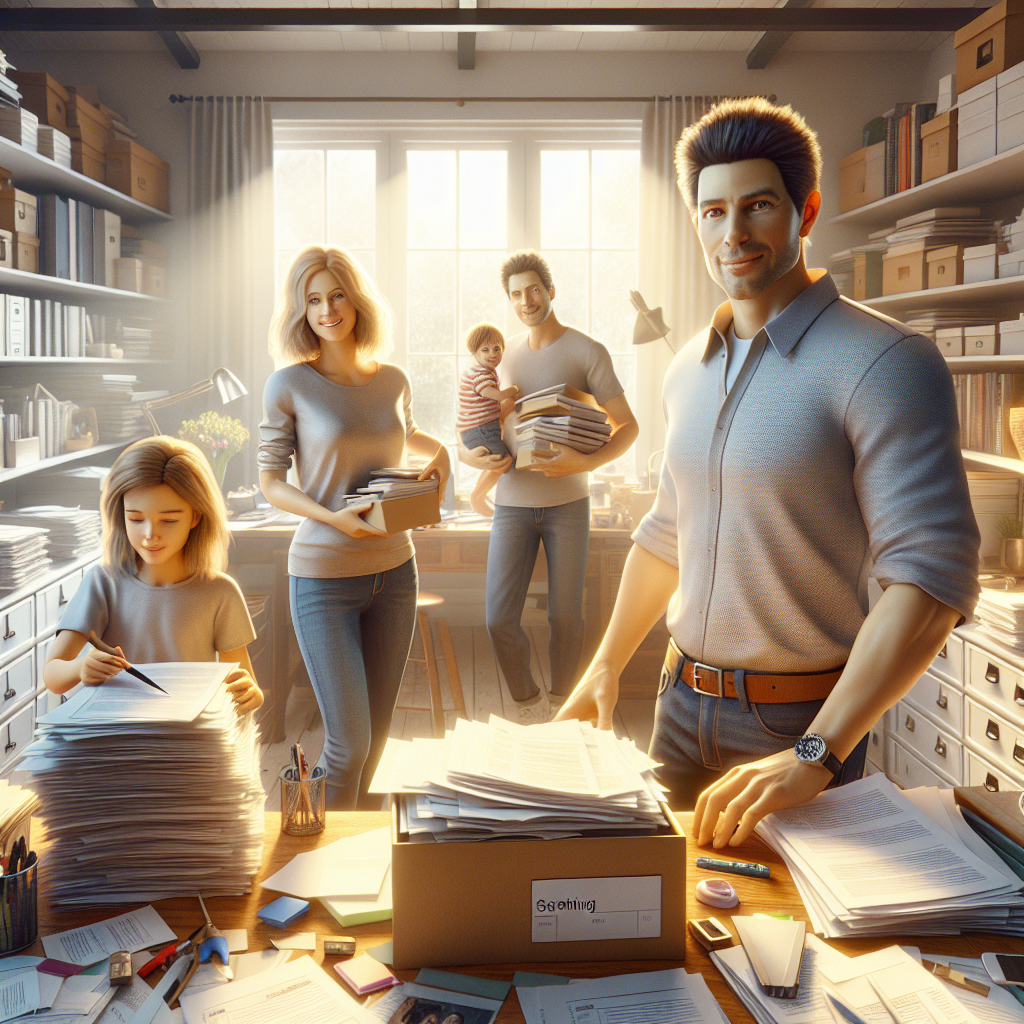 An average American family of four, casually dressed, collaborating enthusiastically while organizing their home office, sorting through papers, and labeling storage boxes, a tidy and organized workspace in the background with shelves full of books and family photos, Canon R5, 35mm f/1.8, bright afternoon light coming through the window creating an inviting and productive atmosphere. A hyper-realistic, lifelike photograph, ultra-detailed, National Geographic quality, cinematic, 8K resolution, realistic colors, natural lighting, no fantasy, no digital art, no political or religious symbolism, average American family or person only, --ar 16:9.