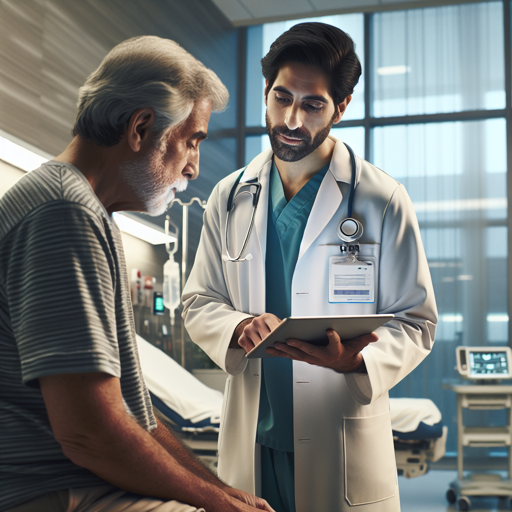 An average American healthcare professional wearing scrubs and a lab coat, interacting with a patient using a tablet to discuss their health data and treatment options, inside a modern hospital room with medical equipment and soft lighting, Canon EOS 5D Mark IV, 24-70mm f/2.8, natural soft lighting from overhead fixtures, creating a professional yet compassionate atmosphere. A hyper-realistic, lifelike photograph, ultra-detailed, National Geographic quality, cinematic, 8K resolution, realistic colors, natural lighting, no fantasy, no digital art, no political or religious symbolism, average American family or person only, --ar 16:9.