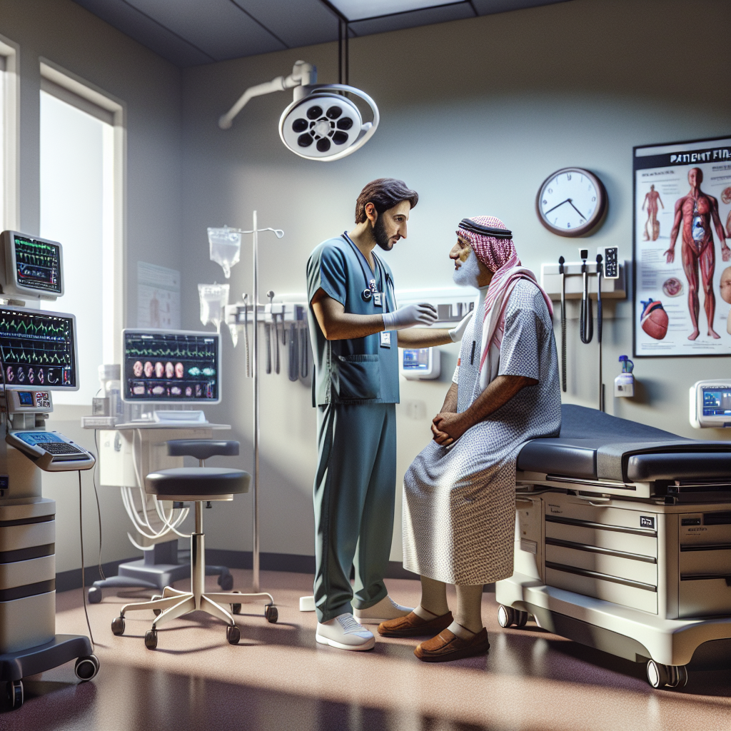 An average American healthcare professional, wearing scrubs, engaging with a patient in a warm, welcoming Patient First clinic setting, surrounded by modern medical equipment and informative posters on the walls, Canon R5, 35mm f/1.4, well-lit clinical environment with soft, comforting lighting, emphasizing a caring and supportive atmosphere. A hyper-realistic, lifelike photograph, ultra-detailed, National Geographic quality, cinematic, 8K resolution, realistic colors, natural lighting, no fantasy, no digital art, no political or religious symbolism, average American family or person only, --ar 16:9.