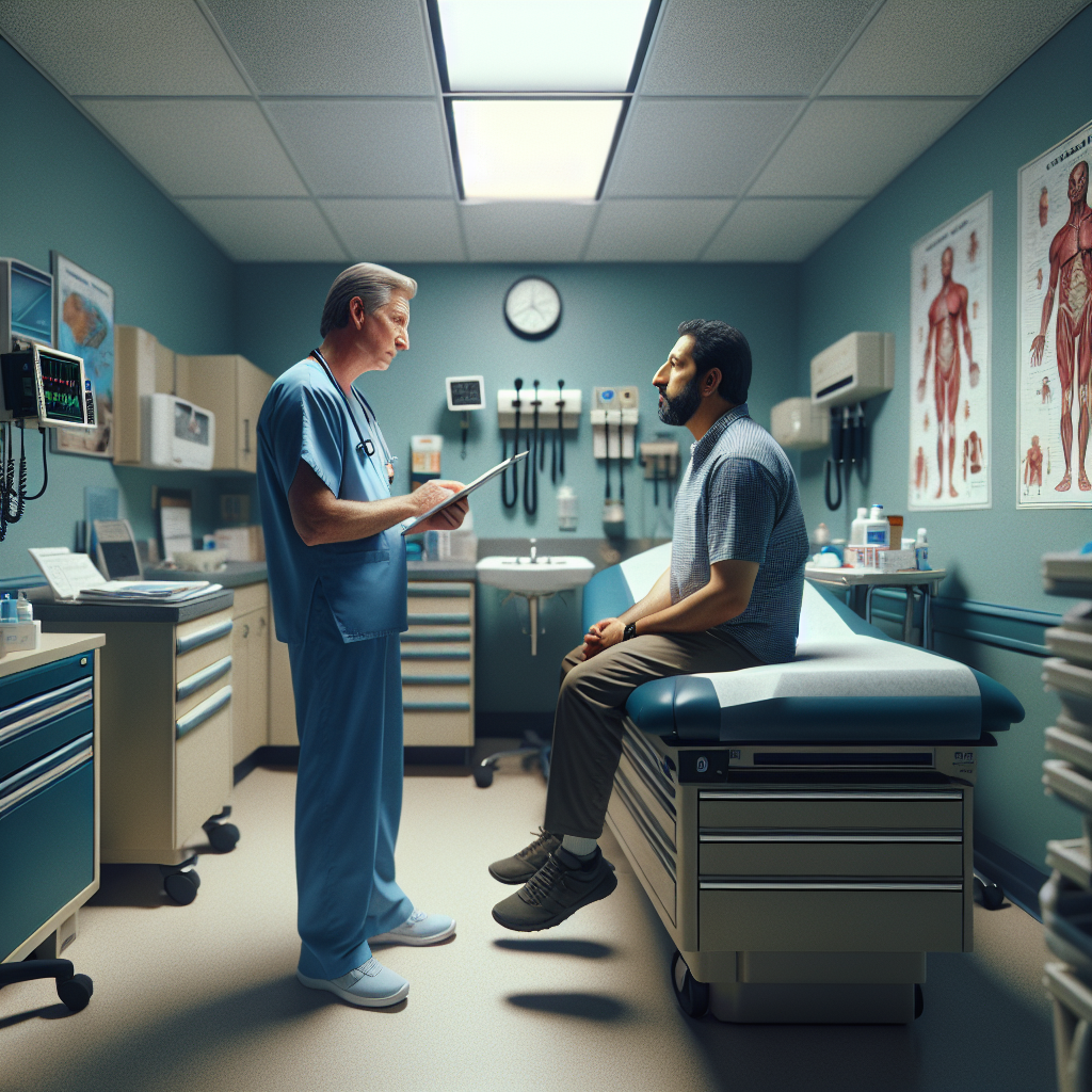An average American healthcare provider in scrubs, discussing treatment plans with a patient sitting on a medical examination table in an outpatient clinic, with medical equipment and charts visibly displayed in the background, Canon R5, 85mm f/1.4, soft overhead lighting creating a calm and professional atmosphere, conveying a reassuring and informative moment. A hyper-realistic, lifelike photograph, ultra-detailed, National Geographic quality, cinematic, 8K resolution, realistic colors, natural lighting, no fantasy, no digital art, no political or religious symbolism, average American family or person only, --ar 16:9.