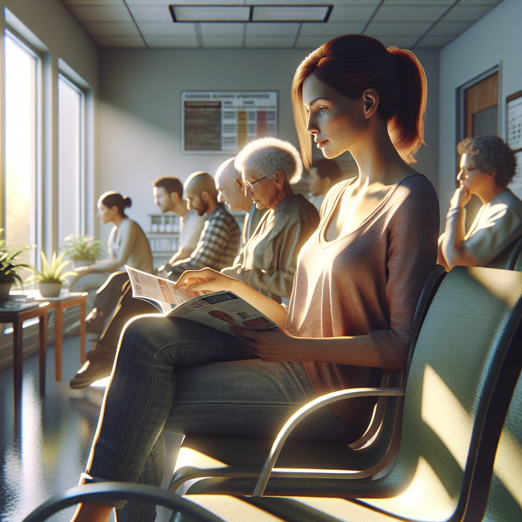 An average American woman in her 30s, wearing casual clothes, sitting comfortably in a clinic waiting room, reading a health pamphlet while glancing at the reception desk, surrounded by other patients and soft, ambient lighting, Canon R6, 35mm f/1.8, warm soft light filtering through large windows, creating a calm and contemplative atmosphere. A hyper-realistic, lifelike photograph, ultra-detailed, National Geographic quality, cinematic, 8K resolution, realistic colors, natural lighting, no fantasy, no digital art, no political or religious symbolism, average American family or person only, --ar 16:9.