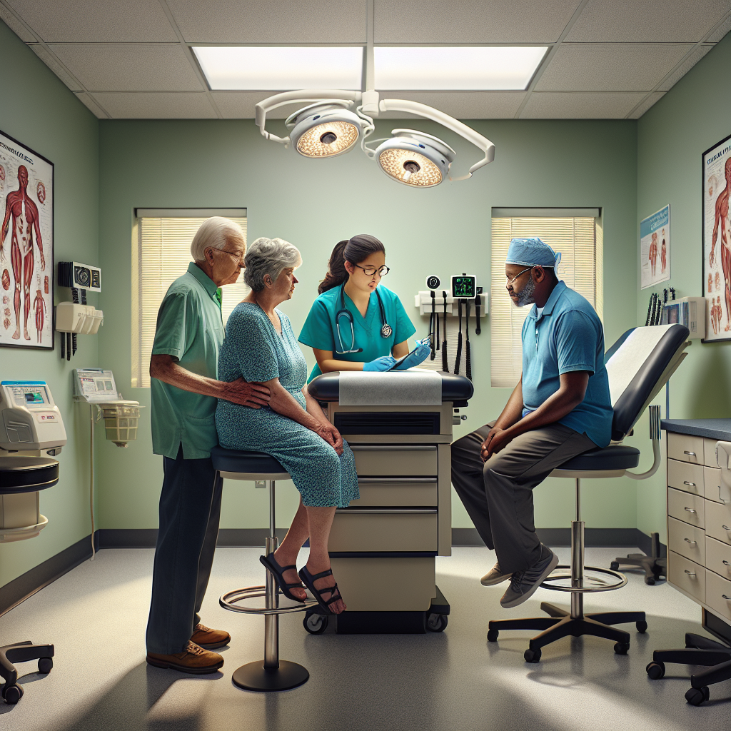 An average American nurse in scrubs, attentively discussing a patient's health plan with the family members in a well-lit examination room filled with medical charts and equipment, the setting conveys a sense of care and professionalism, Canon R5, 35mm f/1.8, bright and natural lighting from overhead fixtures, capturing a hopeful and trusting atmosphere in modern healthcare. A hyper-realistic, lifelike photograph, ultra-detailed, National Geographic quality, cinematic, 8K resolution, realistic colors, natural lighting, no fantasy, no digital art, no political or religious symbolism, average American family or person only, --ar 16:9.