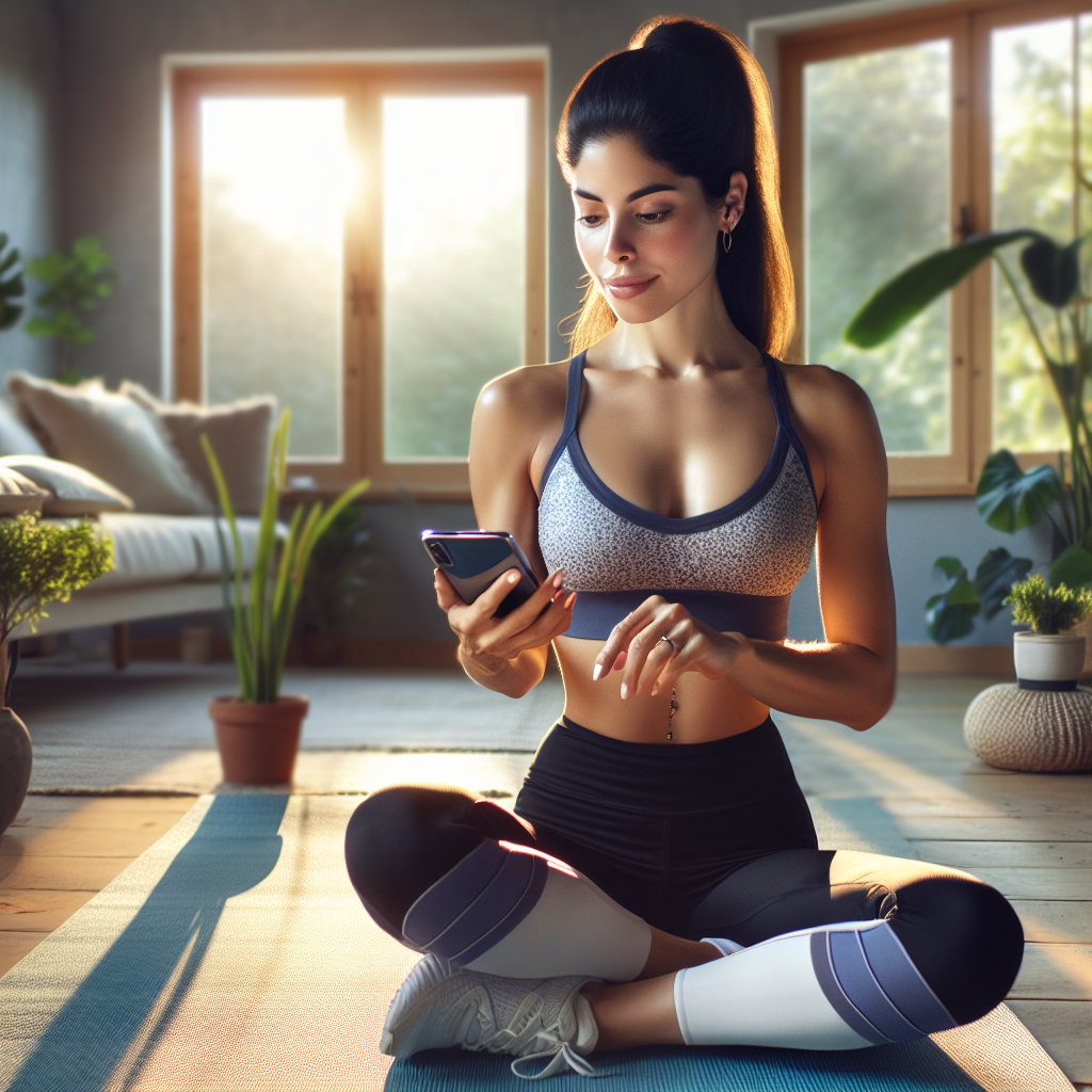 An average American woman in athletic wear, using her smartphone to explore health and fitness apps while sitting on a yoga mat, a bright and inviting living room filled with indoor plants in the background, soft morning light filtering through the windows, creating an energetic and motivational atmosphere. A hyper-realistic, lifelike photograph, ultra-detailed, National Geographic quality, cinematic, 8K resolution, realistic colors, natural lighting, no fantasy, no digital art, no political or religious symbolism, average American family or person only, --ar 16:9.