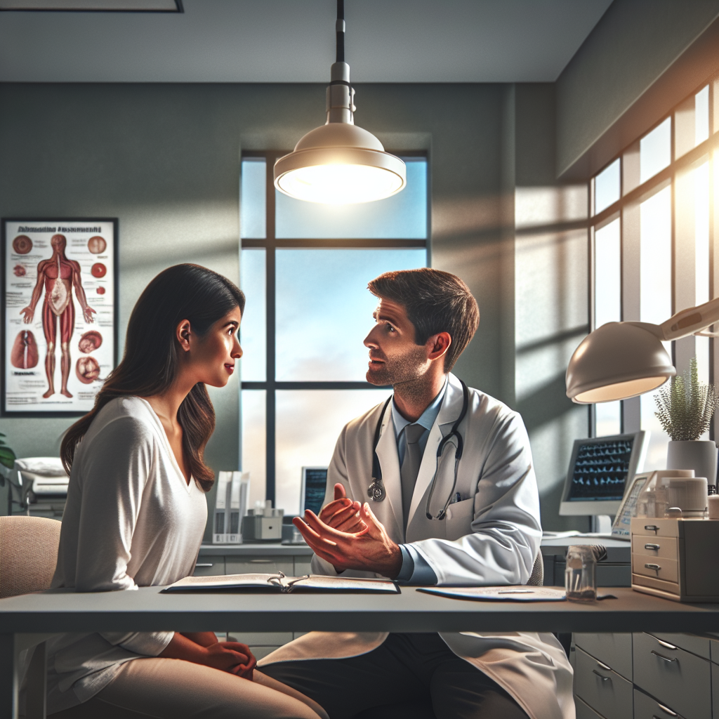 An average American doctor in a white coat, discussing the mechanism of aromatase inhibitors with a patient in a modern medical office, surrounded by anatomical charts and medical equipment, Canon EOS 5D Mark IV, 35mm f/2.0, bright overhead lighting, creating a professional and informative atmosphere. A hyper-realistic, lifelike photograph, ultra-detailed, National Geographic quality, cinematic, 8K resolution, realistic colors, natural lighting, no fantasy, no digital art, no political or religious symbolism, average American family or person only, --ar 16:9.