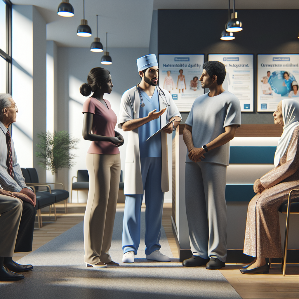 An average American healthcare professional in scrubs, explaining clinic services to a small group of patients in a well-lit reception area, with informational posters and a welcoming reception desk in the background, Canon EOS 5D Mark IV, 24mm f/1.4, bright indoor lighting, creating an informative and encouraging atmosphere. A hyper-realistic, lifelike photograph, ultra-detailed, National Geographic quality, cinematic, 8K resolution, realistic colors, natural lighting, no fantasy, no digital art, no political or religious symbolism, average American family or person only, --ar 16:9.