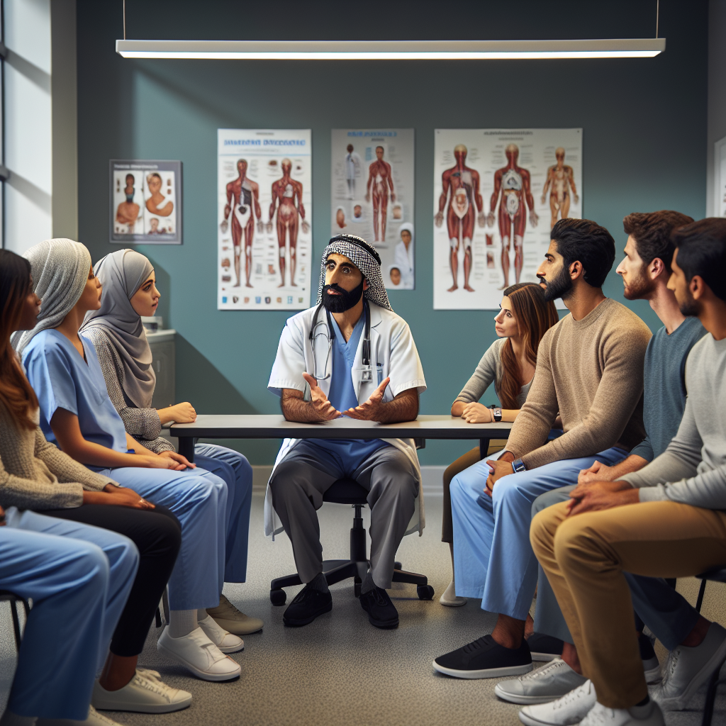 An average American healthcare professional in scrubs, attentively explaining patient care procedures to a group of engaged patients seated in a clinic conference room, with medical posters and a whiteboard in the background, Canon R5, 24mm f/1.4, bright overhead fluorescent lighting, conveying a calm and informative atmosphere. A hyper-realistic, lifelike photograph, ultra-detailed, National Geographic quality, cinematic, 8K resolution, realistic colors, natural lighting, no fantasy, no digital art, no political or religious symbolism, average American family or person only, --ar 16:9.