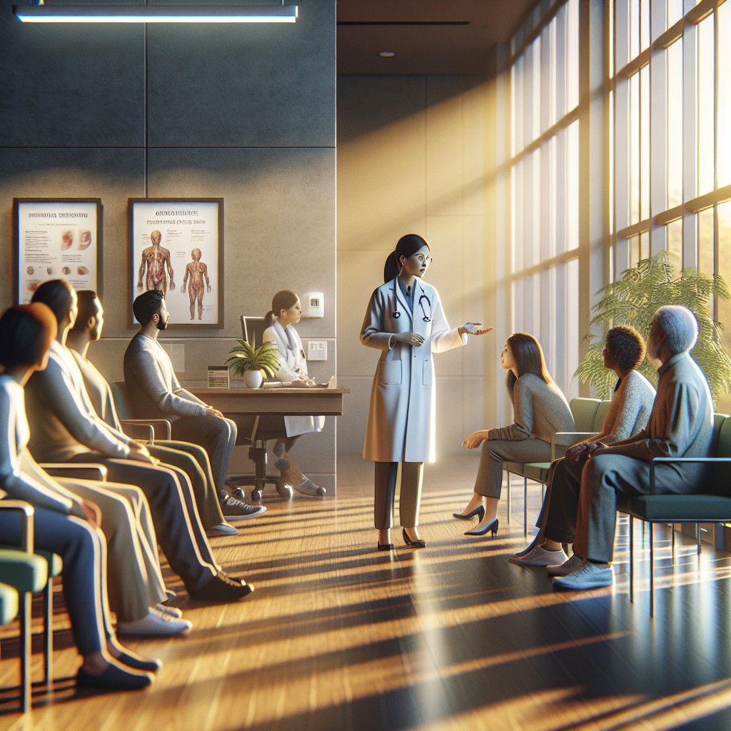 An average American healthcare professional, wearing a lab coat, explaining medical services to a small group of patients in a brightly lit clinic waiting area, with informational posters and comfortable seating in the background, Canon R5, 24mm f/1.4, soft morning light coming through large windows, creating a welcoming and informative atmosphere. A hyper-realistic, lifelike photograph, ultra-detailed, National Geographic quality, cinematic, 8K resolution, realistic colors, natural lighting, no fantasy, no digital art, no political or religious symbolism, average American family or person only, --ar 16:9.