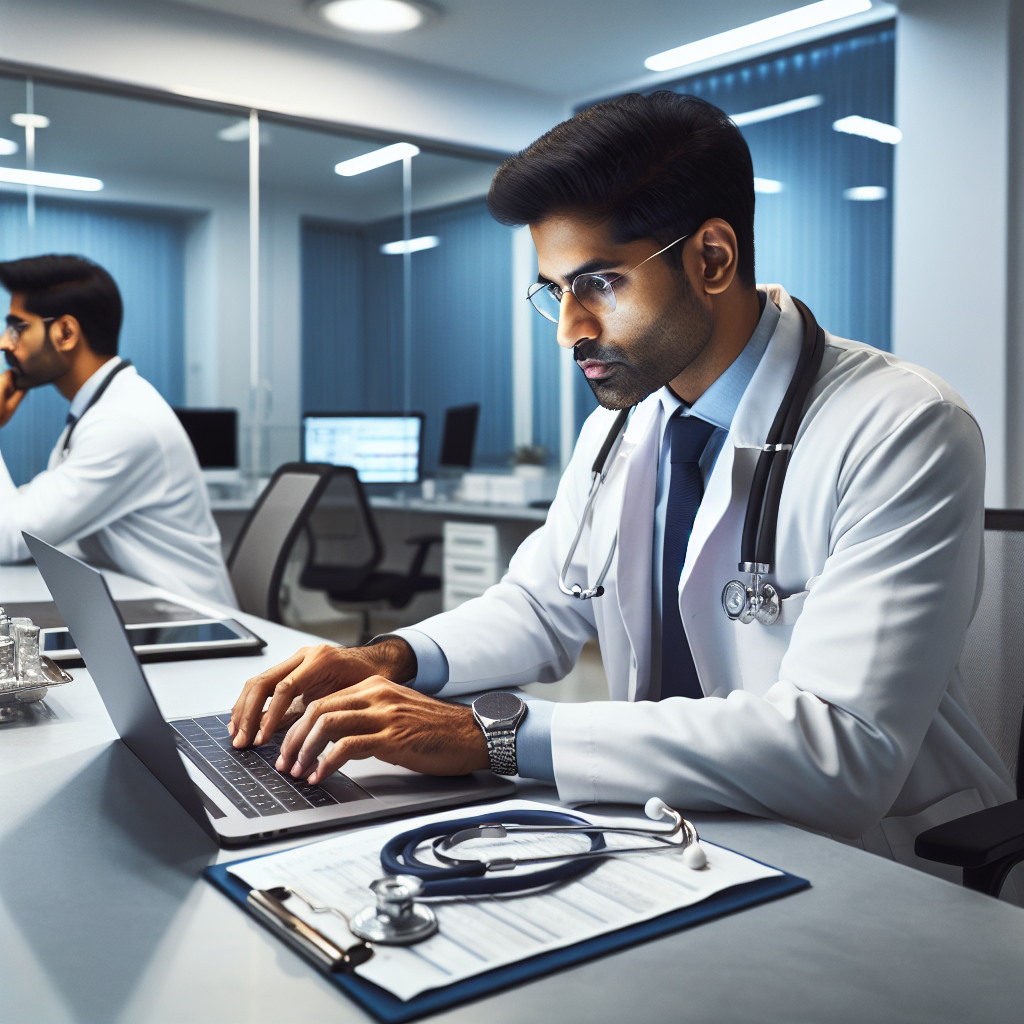 An average American doctor in a white coat, analyzing patient data on a laptop in a modern clinic office, with medical charts and a stethoscope on the desk, Canon EOS 5D Mark IV, 35mm f/1.4, bright overhead lighting with a clean and professional atmosphere, highlighting the integration of technology in healthcare. A hyper-realistic, lifelike photograph, ultra-detailed, National Geographic quality, cinematic, 8K resolution, realistic colors, natural lighting, no fantasy, no digital art, no political or religious symbolism, average American family or person only, --ar 16:9.