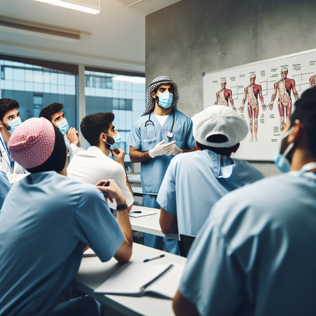 An average American healthcare professional, wearing scrubs and a medical mask, explaining the concept of inpatient clinics to a group of attentive medical students in a classroom setting, with a whiteboard covered in diagrams and notes in the background, Canon R5, 35mm f/1.8, bright fluorescent lighting creating a focused atmosphere, capturing a moment of learning and inquiry. A hyper-realistic, lifelike photograph, ultra-detailed, National Geographic quality, cinematic, 8K resolution, realistic colors, natural lighting, no fantasy, no digital art, no political or religious symbolism, average American family or person only, --ar 16:9.