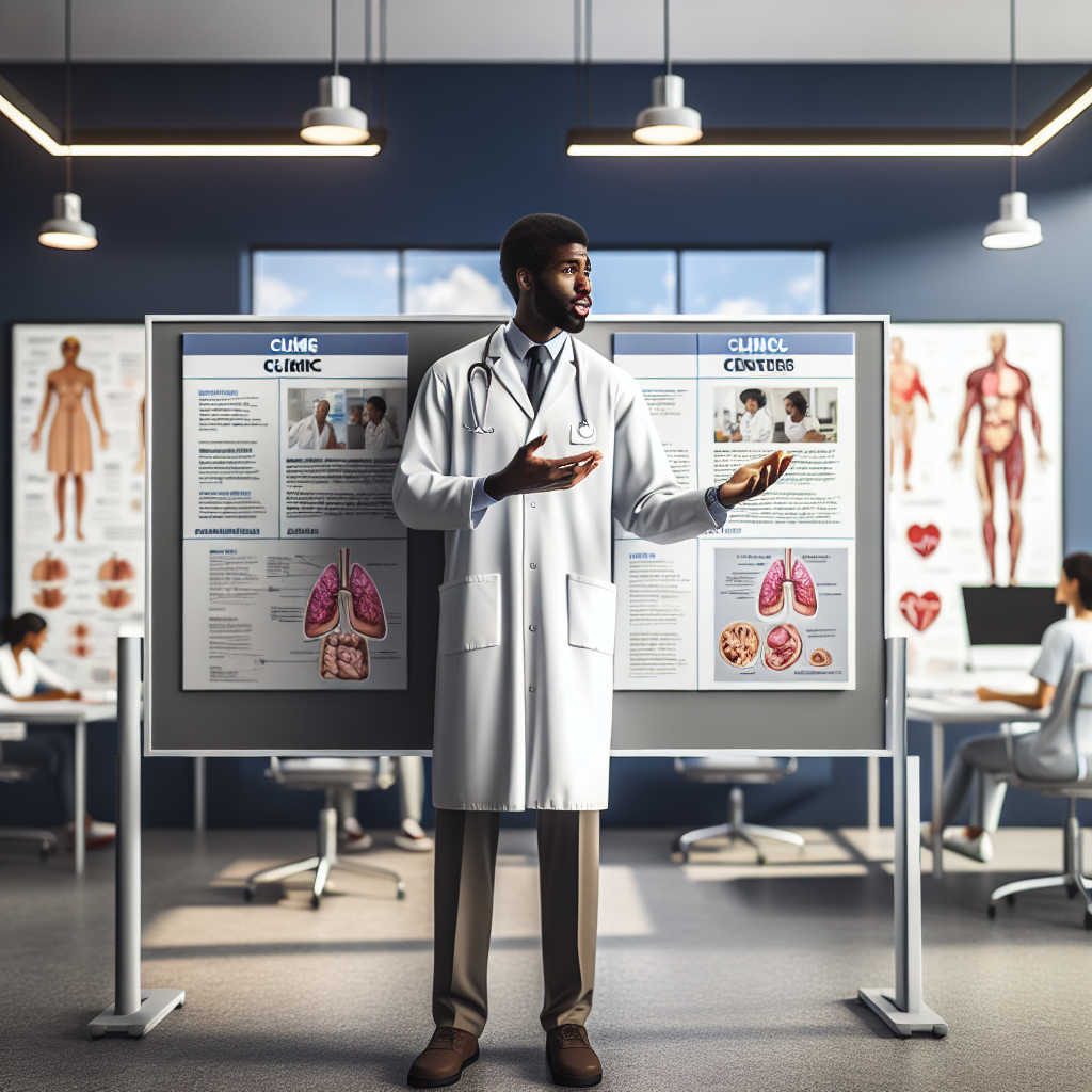 A healthcare professional in a lab coat, explaining the differences between clinics and medical centers using a presentation board, inside a well-lit medical office with medical posters and equipment in the background, Canon EOS R5, 35mm f/1.8, bright ceiling lights creating a professional atmosphere during the day. A hyper-realistic, lifelike photograph, ultra-detailed, National Geographic quality, cinematic, 8K resolution, realistic colors, natural lighting, no fantasy, no digital art, no political or religious symbolism, average American family or person only, --ar 16:9.