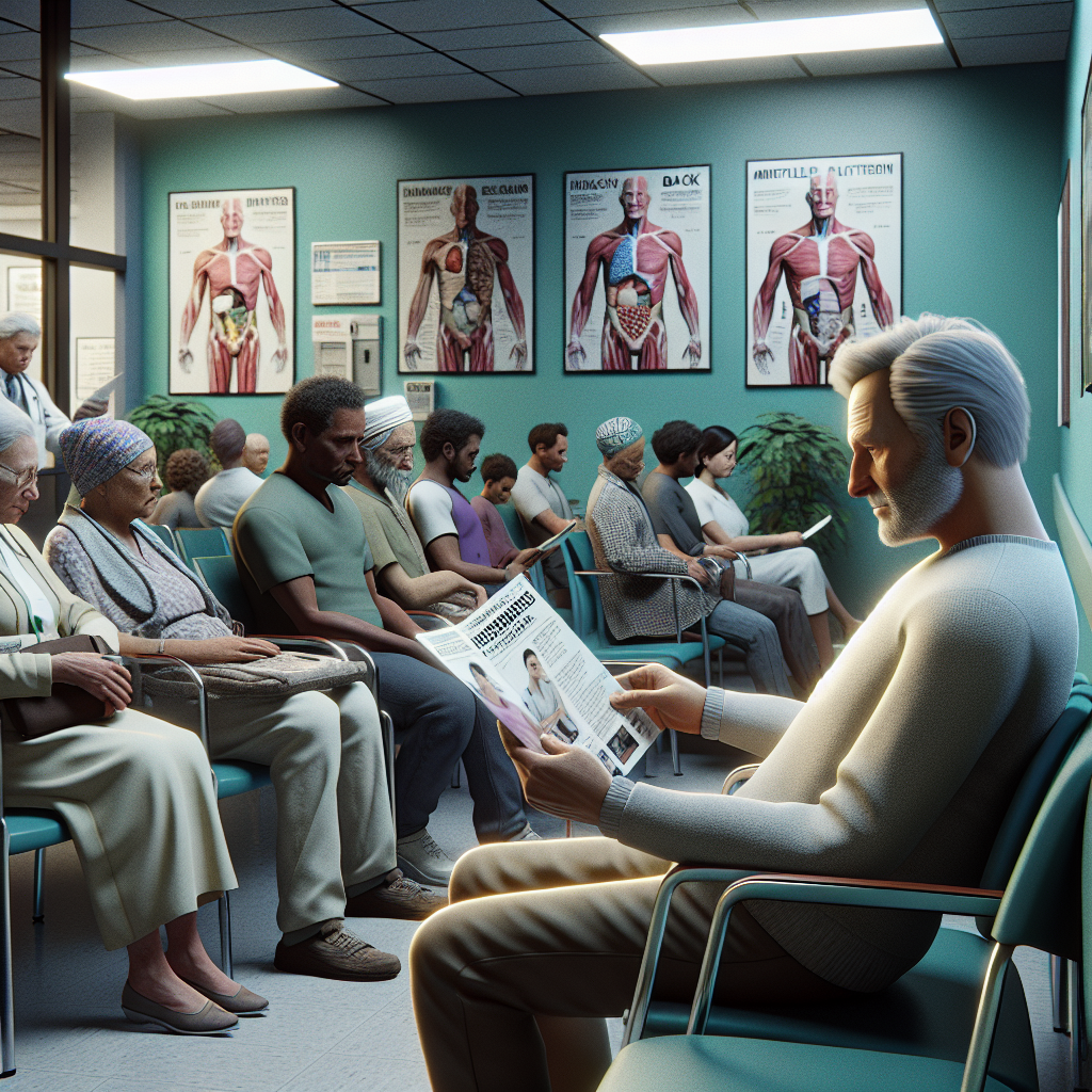 An average American patient, attentively reading a brochure about clinic services while seated in a waiting area, surrounded by other patients and healthcare posters on the walls, soft overhead lighting creating a comfortable atmosphere, capturing the essence of anticipation and curiosity. A hyper-realistic, lifelike photograph, ultra-detailed, National Geographic quality, cinematic, 8K resolution, realistic colors, natural lighting, no fantasy, no digital art, no political or religious symbolism, average American family or person only, --ar 16:9.