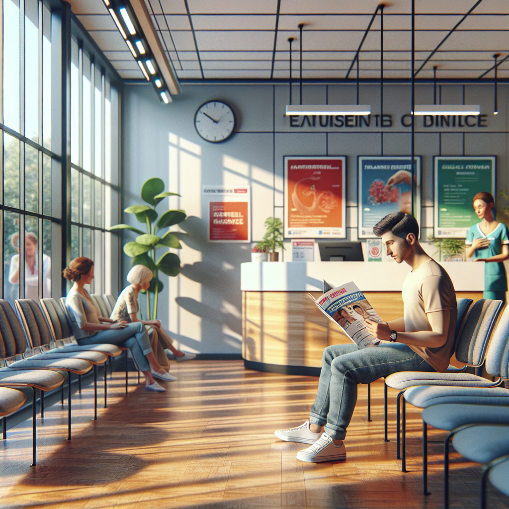 An average American patient, seated in a warmly lit clinic waiting room, reading informative brochures about medical services offered, with comfortable chairs and friendly medical posters in the background, Canon R5, 35mm f/1.8, soft morning light filtering through the windows, creating a calm, informative atmosphere. A hyper-realistic, lifelike photograph, ultra-detailed, National Geographic quality, cinematic, 8K resolution, realistic colors, natural lighting, no fantasy, no digital art, no political or religious symbolism, average American family or person only, --ar 16:9.