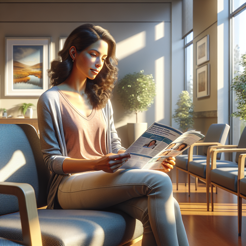 An average American patient, casually dressed, sitting in a comfortable waiting room at a medical clinic, reviewing informational pamphlets about health services, with soft chairs and calming artwork on the walls, Canon R5, 35mm f/1.4, warm natural light filtering through large windows, creating a peaceful and informative atmosphere. A hyper-realistic, lifelike photograph, ultra-detailed, National Geographic quality, cinematic, 8K resolution, realistic colors, natural lighting, no fantasy, no digital art, no political or religious symbolism, average American family or person only, --ar 16:9.