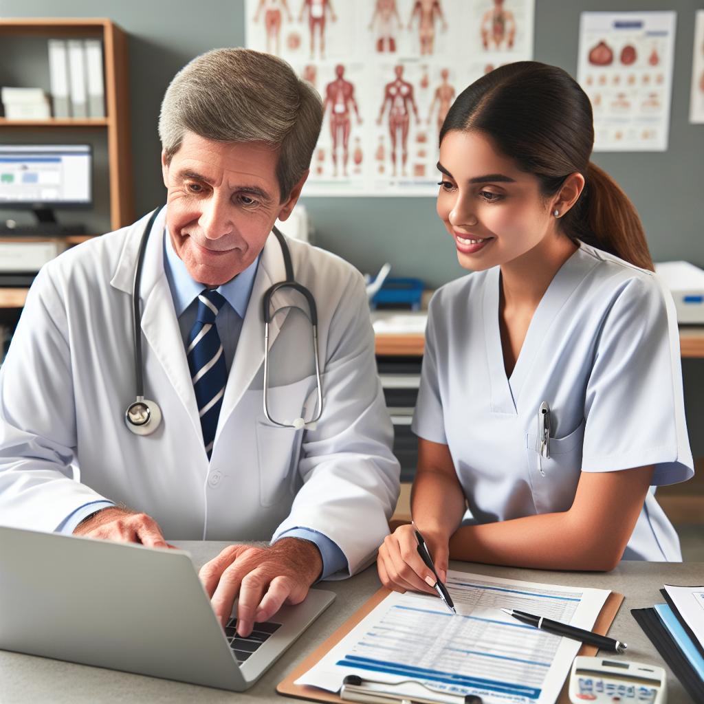 An average American clinician in a white coat, sitting at a desk with a laptop, reviewing patient charts and discussing care plans with a nurse, a well-organized medical clinic background with charts and medical equipment visible, Canon EOS 5D Mark IV, 35mm f/1.4, bright overhead lighting creating a professional yet welcoming atmosphere. A hyper-realistic, lifelike photograph, ultra-detailed, National Geographic quality, cinematic, 8K resolution, realistic colors, natural lighting, no fantasy, no digital art, no political or religious symbolism, average American family or person only, --ar 16:9.