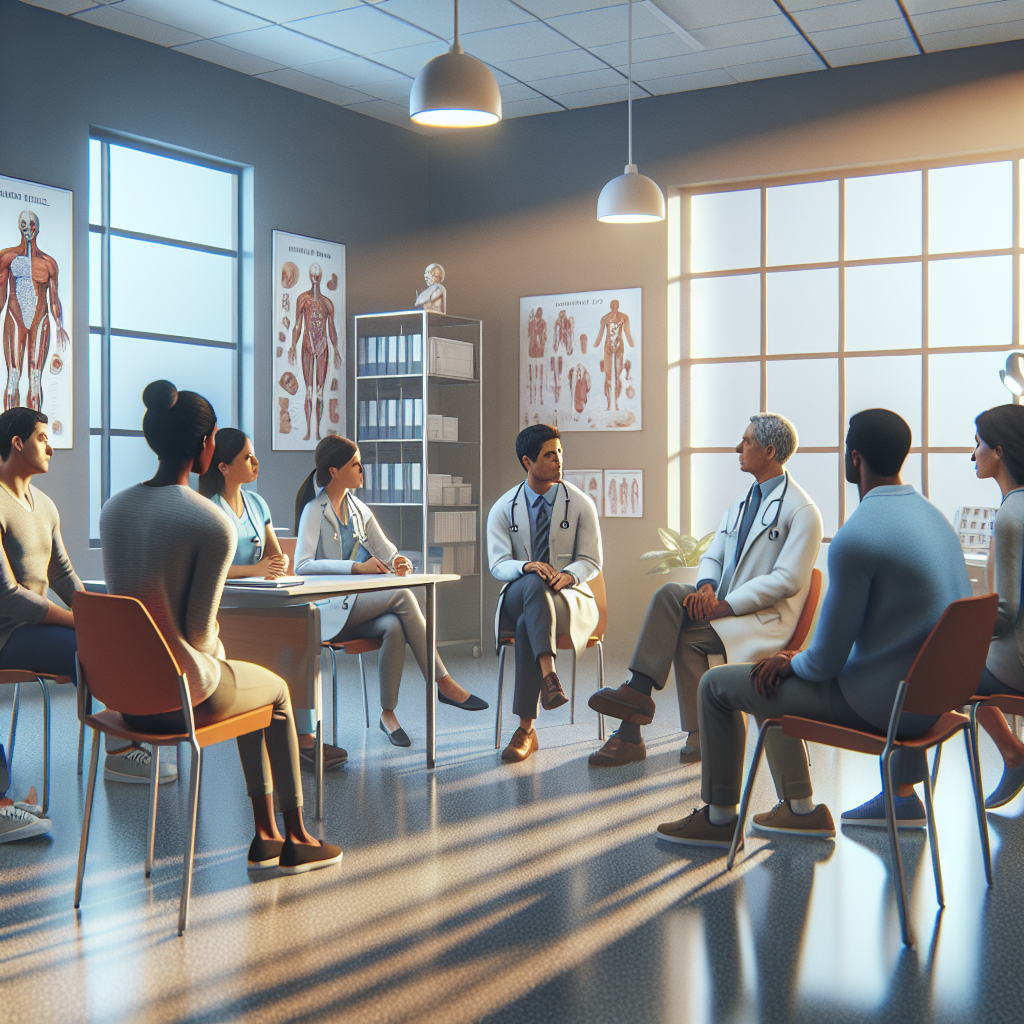 Patients, engaged in a discussion with healthcare professionals about their experiences in outpatient and in-patient clinics, inside a well-lit clinic consultation room with medical charts and anatomical models in view, Canon R5, 35mm f/1.8, soft natural light illuminating the space, creating a sense of openness and trust. A hyper-realistic, lifelike photograph, ultra-detailed, National Geographic quality, cinematic, 8K resolution, realistic colors, natural lighting, no fantasy, no digital art, no political or religious symbolism, average American family or person only, --ar 16:9.