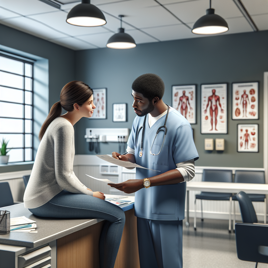 An average American nurse in scrubs, discussing with a patient at a clinic consultation room while reviewing medical charts, the room is equipped with medical posters and a waiting area visible in the background, Canon R5, 85mm f/1.4, soft overhead lighting creating a professional and reassuring atmosphere. A hyper-realistic, lifelike photograph, ultra-detailed, National Geographic quality, cinematic, 8K resolution, realistic colors, natural lighting, no fantasy, no digital art, no political or religious symbolism, average American family or person only, --ar 16:9.