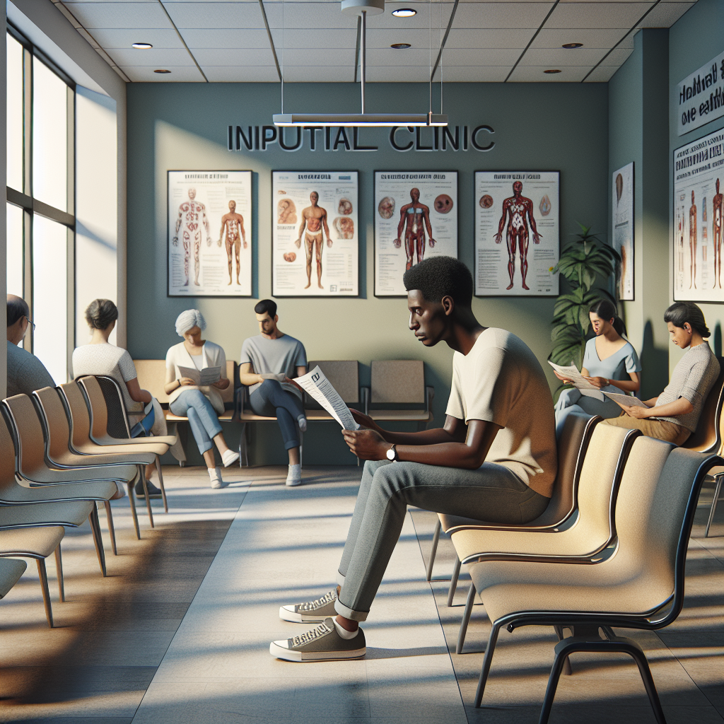 An average American patient, dressed in casual attire, sitting in a comfortable waiting area of an inpatient clinic, attentively reading informational brochures about treatment options, surrounded by other patients and medical posters on the wall, soft artificial lighting creating a calm and welcoming atmosphere, mid-morning with a sense of hope and anticipation. A hyper-realistic, lifelike photograph, ultra-detailed, National Geographic quality, cinematic, 8K resolution, realistic colors, natural lighting, no fantasy, no digital art, no political or religious symbolism, average American family or person only, --ar 16:9.