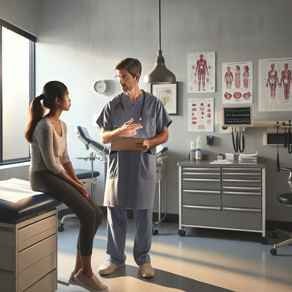 An average American doctor in scrubs, discussing clinical practices with a patient in a well-lit consultation room, surrounded by medical charts and equipment, Canon R5, 35mm f/1.4, soft morning light illuminating the space, creating a professional yet approachable atmosphere. A hyper-realistic, lifelike photograph, ultra-detailed, National Geographic quality, cinematic, 8K resolution, realistic colors, natural lighting, no fantasy, no digital art, no political or religious symbolism, average American family or person only, --ar 16:9.