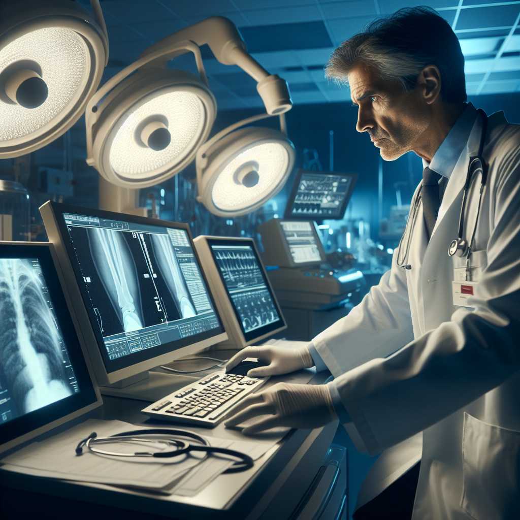 An average American doctor in a lab coat, examining data on a computer screen with high-tech medical software, in a modern hospital lab filled with diagnostic equipment, Canon R5, 35mm f/1.8, bright fluorescent lighting creating a clinical atmosphere, focused and professional mood. A hyper-realistic, lifelike photograph, ultra-detailed, National Geographic quality, cinematic, 8K resolution, realistic colors, natural lighting, no fantasy, no digital art, no political or religious symbolism, average American family or person only, --ar 16:9.