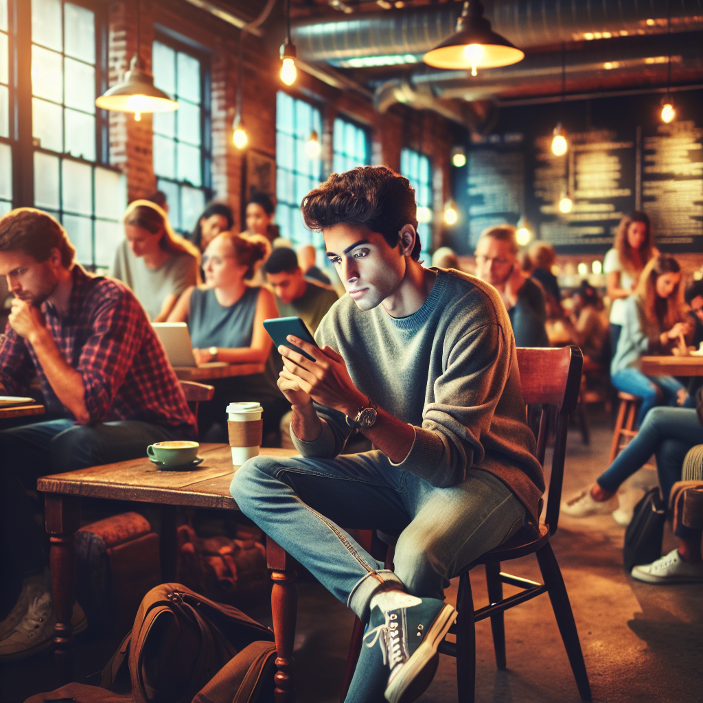 An average American young adult, casually dressed, using a smartphone to browse community apps while seated in a coffee shop, with people chatting and working on laptops in the background, Canon R5, 35mm f/1.8, warm indoor lighting creating a cozy atmosphere, reflecting a vibrant and connected social scene. A hyper-realistic, lifelike photograph, ultra-detailed, National Geographic quality, cinematic, 8K resolution, realistic colors, natural lighting, no fantasy, no digital art, no political or religious symbolism, average American family or person only, --ar 16:9.