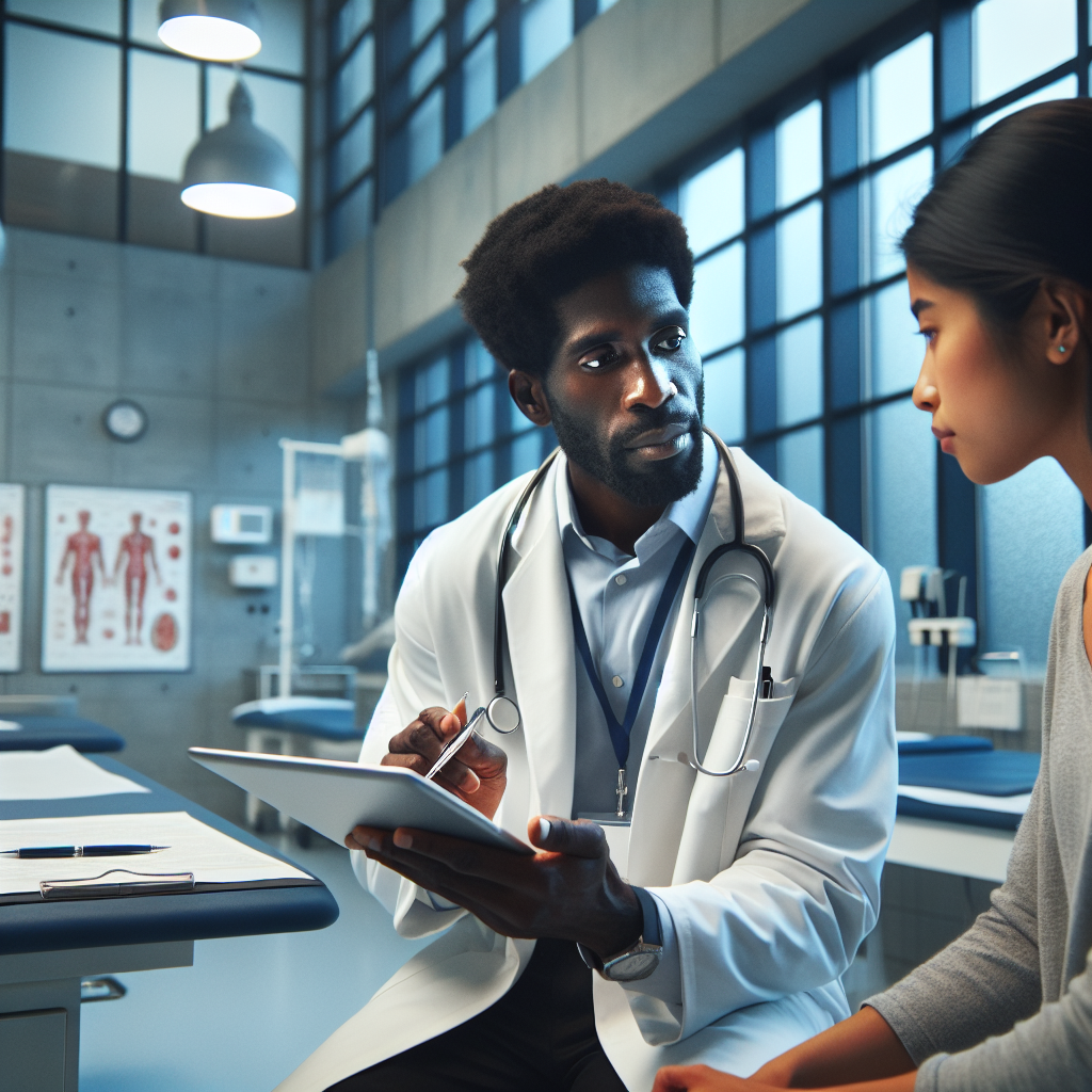 An average American doctor in a white coat, engaged in a conversation with a patient using a tablet to access ChatGPT for medical advice, in a modern clinic with medical charts and equipment in the background, Canon R5, 35mm f/1.4, bright clinical lighting creating a clean and professional atmosphere, capturing a moment of innovative healthcare communication. A hyper-realistic, lifelike photograph, ultra-detailed, National Geographic quality, cinematic, 8K resolution, realistic colors, natural lighting, no fantasy, no digital art, no political or religious symbolism, average American family or person only, --ar 16:9.