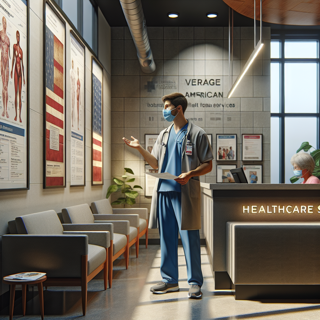 An average American healthcare worker dressed in scrubs, explaining services to a patient in a well-lit clinic reception area, surrounded by informational posters and comfortable seating, natural light streaming through large windows, Canon R5, 35mm f/1.4, capturing a professional and welcoming atmosphere. A hyper-realistic, lifelike photograph, ultra-detailed, National Geographic quality, cinematic, 8K resolution, realistic colors, natural lighting, no fantasy, no digital art, no political or religious symbolism, average American family or person only, --ar 16:9.