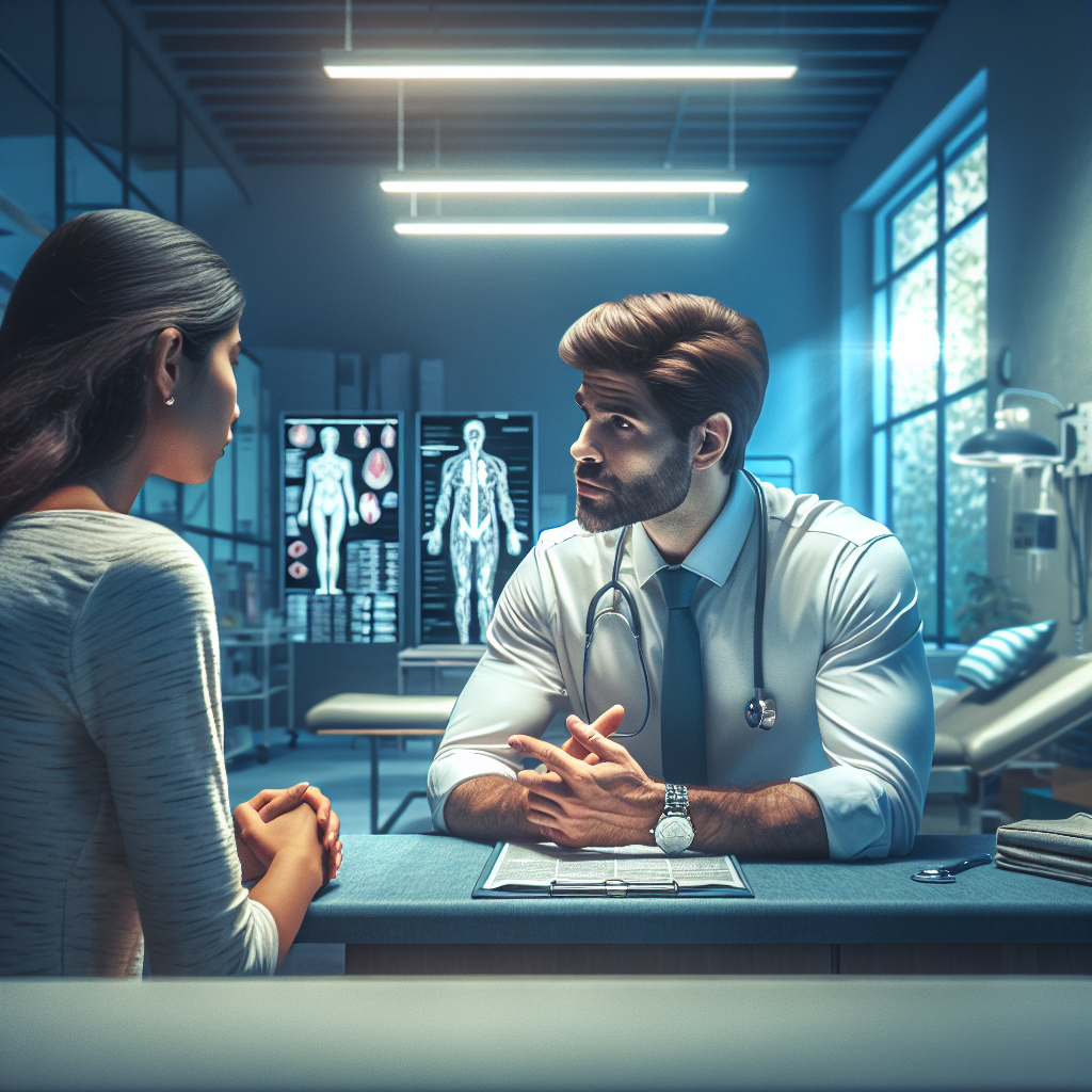 A healthcare professional, engaged in a conversation with a patient, discussing health concerns in a modern clinic setting, with medical charts and equipment visible in the background, bright clinical lighting, creating a professional and welcoming atmosphere. A hyper-realistic, lifelike photograph, ultra-detailed, National Geographic quality, cinematic, 8K resolution, realistic colors, natural lighting, no fantasy, no digital art, no political or religious symbolism, average American family or person only, --ar 16:9.