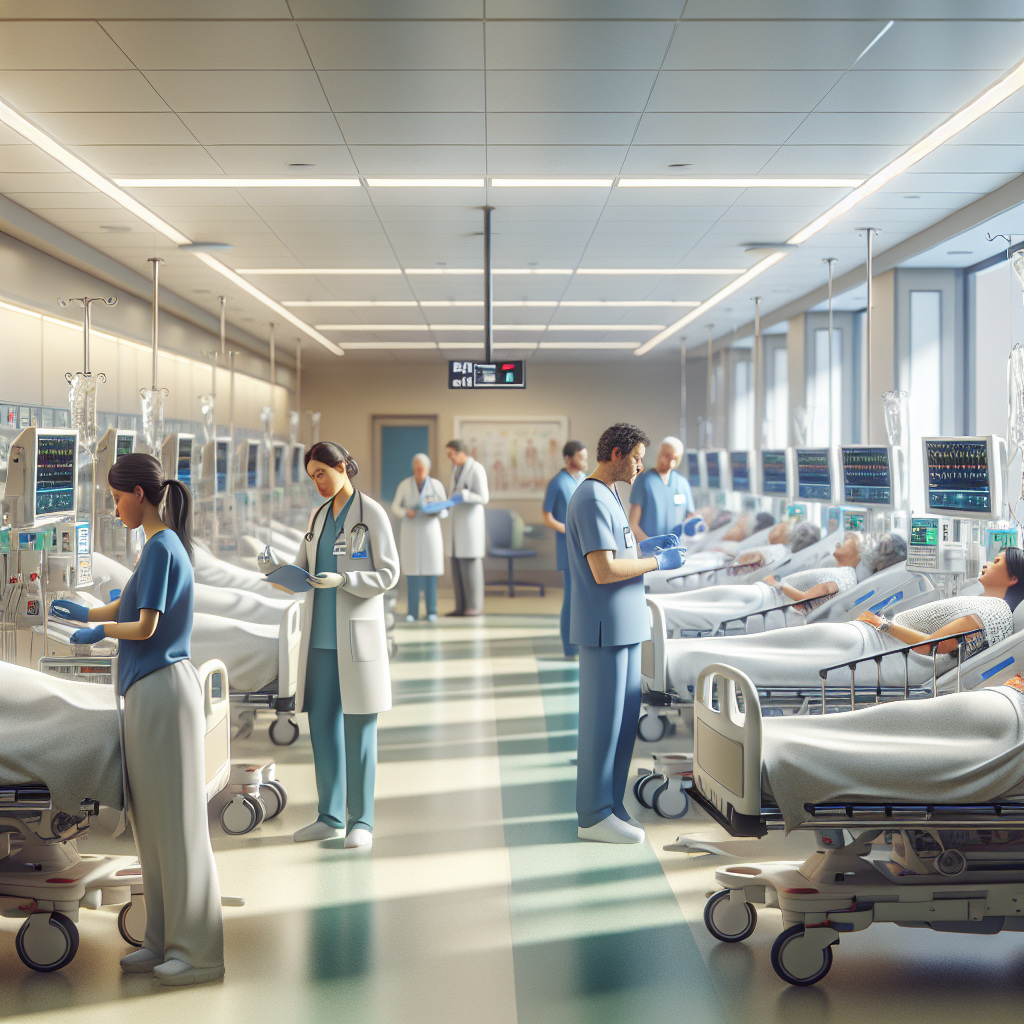 An in-patient clinic with healthcare professionals in scrubs and lab coats, attending to patients in hospital beds, surrounded by medical equipment and calming wall colors, bright overhead lighting creating a sterile, efficient atmosphere, conveying a sense of care and professionalism. A hyper-realistic, lifelike photograph, ultra-detailed, National Geographic quality, cinematic, 8K resolution, realistic colors, natural lighting, no fantasy, no digital art, no political or religious symbolism, average American family or person only, --ar 16:9.