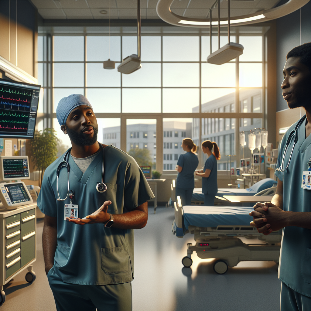 An average American healthcare professional in scrubs, explaining the concept of an in-patient clinic, standing in a well-lit hospital room with medical equipment and patient charts, the background showing a glimpse of a busy nursing station, Canon EOS 5D Mark IV, 35mm f/1.4, soft evening light filtering through the window, conveying a calm and informative atmosphere. A hyper-realistic, lifelike photograph, ultra-detailed, National Geographic quality, cinematic, 8K resolution, realistic colors, natural lighting, no fantasy, no digital art, no political or religious symbolism, average American family or person only, --ar 16:9.