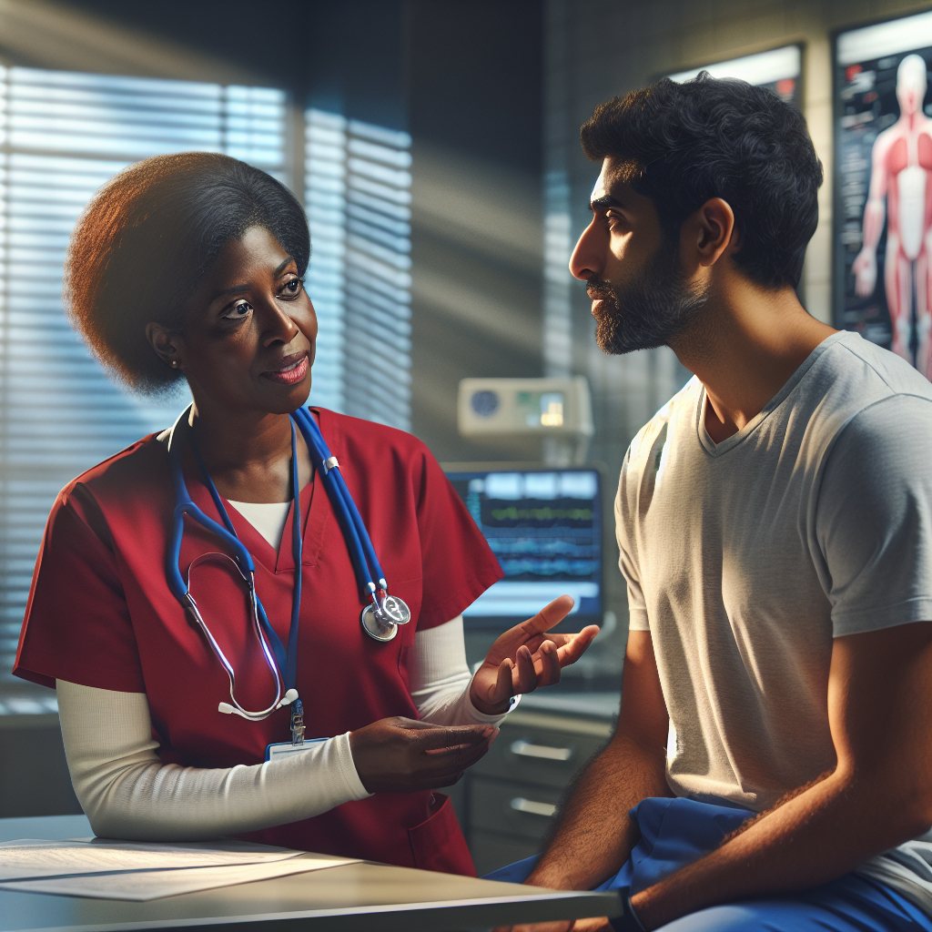 An average American nurse in scrubs, explaining the concept of an inpatient clinic to a patient, inside a well-lit hospital consultation room, with charts and medical equipment in the background, Canon EOS R6, 35mm f/1.8, bright artificial lighting creating a professional atmosphere, conveying a sense of clarity and support. A hyper-realistic, lifelike photograph, ultra-detailed, National Geographic quality, cinematic, 8K resolution, realistic colors, natural lighting, no fantasy, no digital art, no political or religious symbolism, average American family or person only, --ar 16:9.