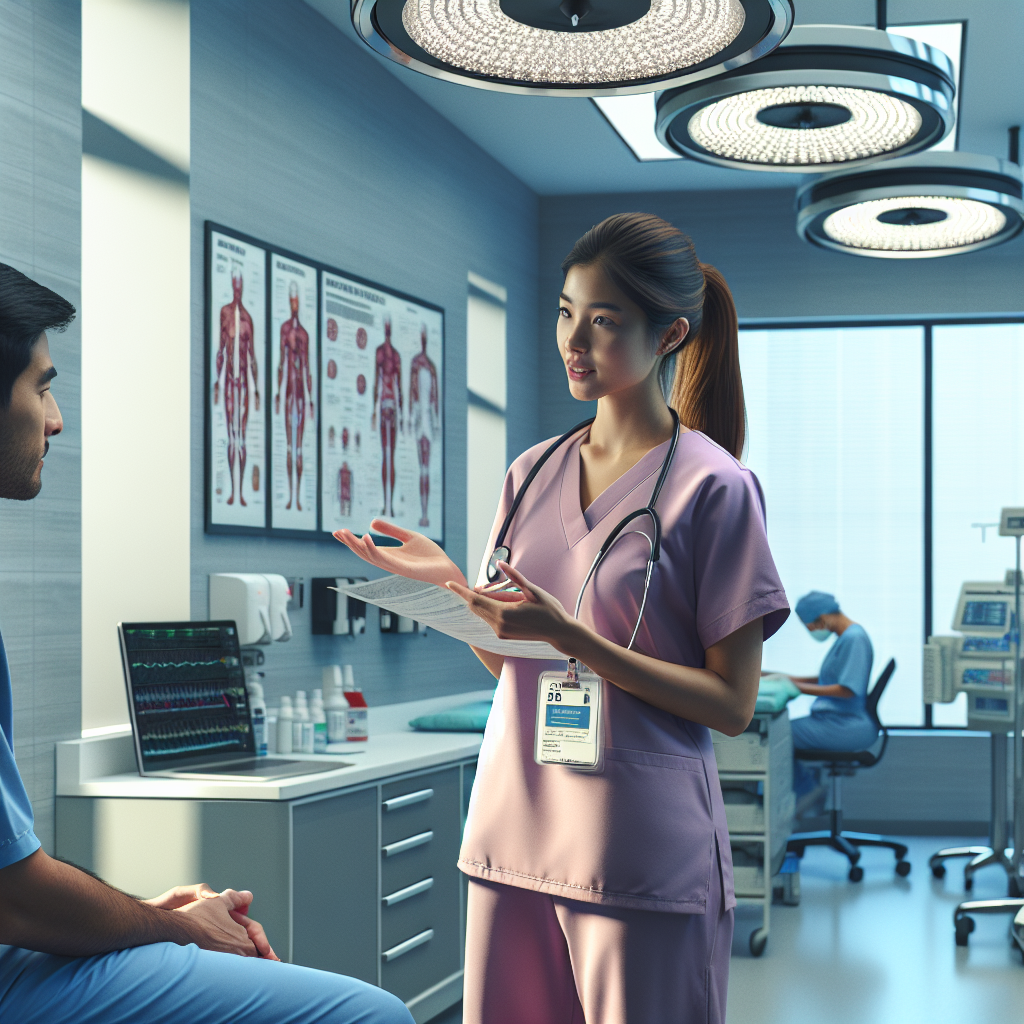 A healthcare professional in scrubs, explaining the concept of an in-patient clinic to a patient in a well-lit consultation room, complete with medical charts and equipment in the background, Canon R5, 35mm f/1.8, bright overhead lighting, creating an informative and professional atmosphere. A hyper-realistic, lifelike photograph, ultra-detailed, National Geographic quality, cinematic, 8K resolution, realistic colors, natural lighting, no fantasy, no digital art, no political or religious symbolism, average American family or person only, --ar 16:9.