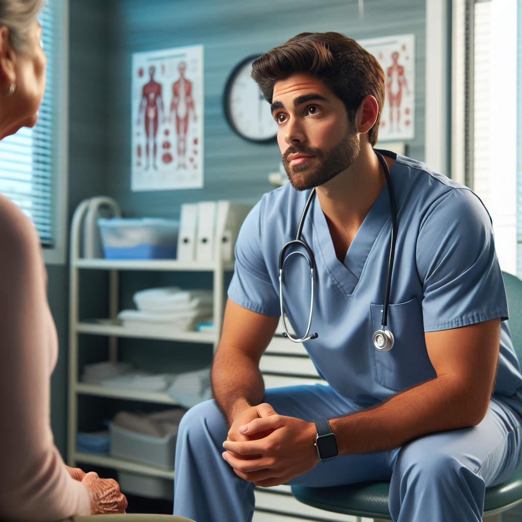 An average American nurse in scrubs, attentively listening to a patient in a well-lit clinic room, with medical charts and equipment visible in the background, Canon R5, 35mm f/1.8, soft overhead lighting creating a welcoming atmosphere, emphasizing the personal care and attention in a healthcare setting. A hyper-realistic, lifelike photograph, ultra-detailed, National Geographic quality, cinematic, 8K resolution, realistic colors, natural lighting, no fantasy, no digital art, no political or religious symbolism, average American family or person only, --ar 16:9.